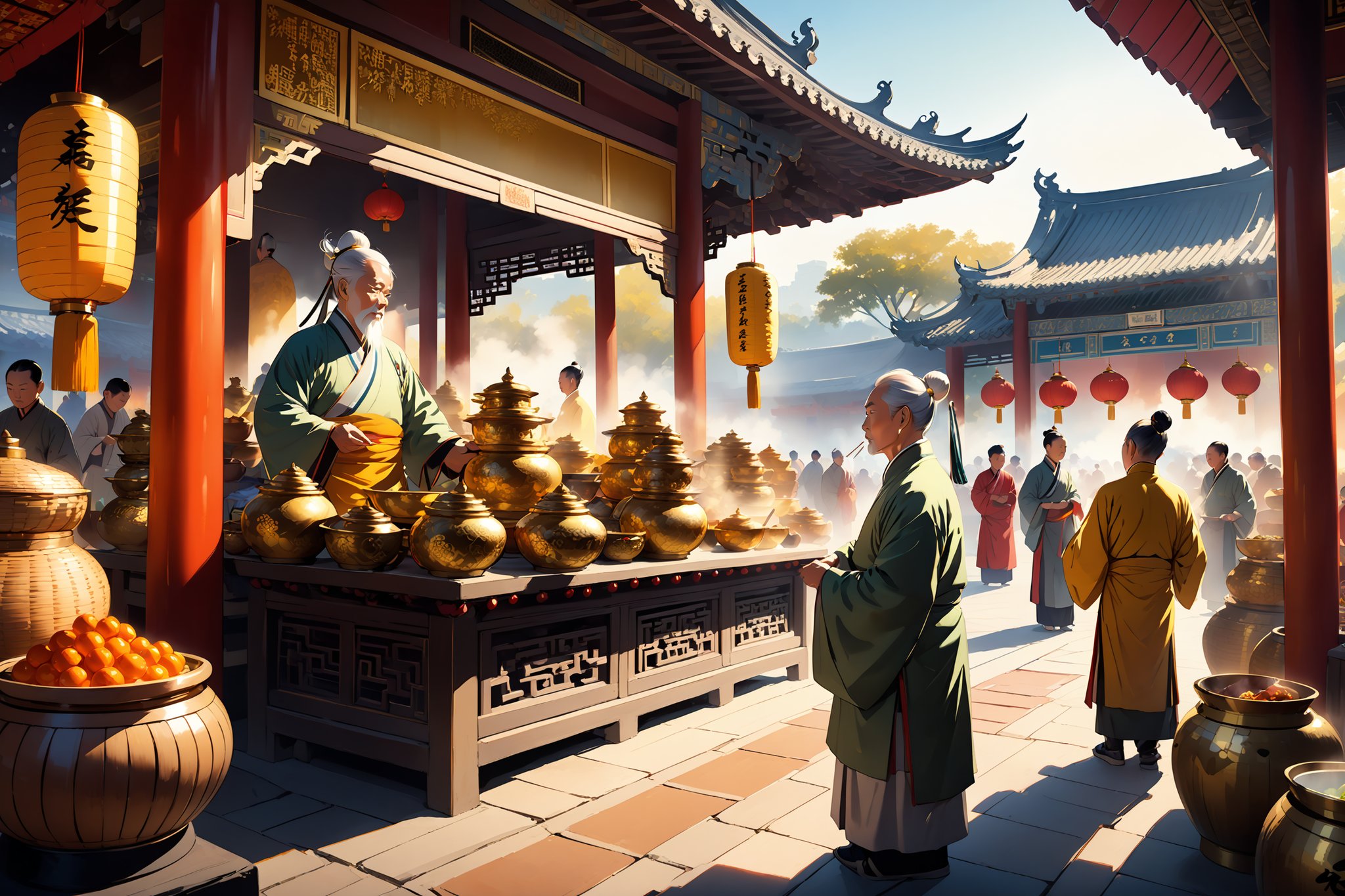 A majestic scene unfolds in ancient China: a bustling marketplace teems with life, as an elderly sage stands atop a intricately carved wooden stool, his wise eyes scanning the crowd. The warm sunlight casts a golden glow on the vibrant silks and wicker goods, while wisps of steam rise from steaming bowls, filling the air with savory aromas. In the background, a majestic pagoda rises, its delicate ceramic tiles glinting like tiny jewels.