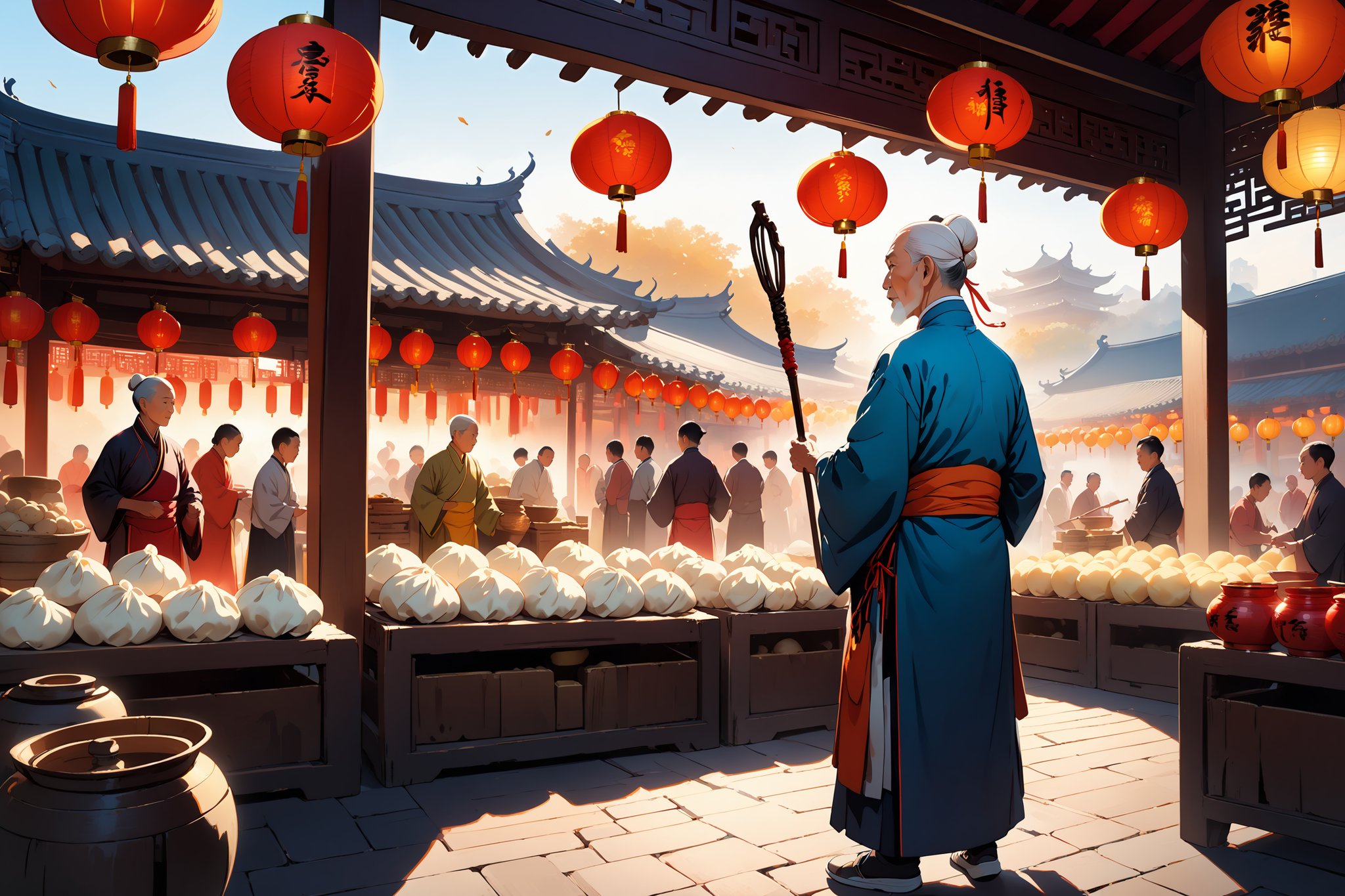 In a picturesque marketplace, set against the backdrop of ancient Chinese architecture, a wise elder stands atop a worn wooden crate, his wrinkled hands grasping a staff as he delivers a passionate oration to a captivated crowd. The soft glow of lanterns and the warm light of setting sun casts long shadows across the vibrant stalls, where intricate silk fabrics and delicate ceramics are on display. The air is thick with the aroma of steaming dumplings and the gentle hum of merchants haggling over goods.