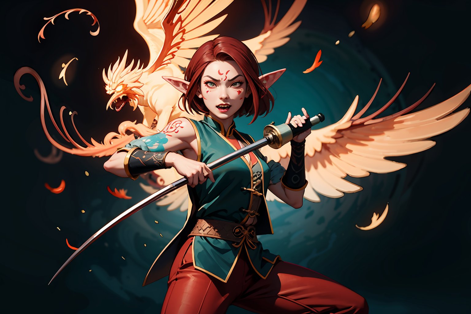 Chinese mythology, solo, 1female, monster_girl, short hair, dark red hair, (facial marks), fierce face, evil face, fangs, sexy lips, (pointed ears), (cyan skin), strong body, (phoenix tattoo), (a single wing behind:1.2), holding a mace, dark red vest, long pants, smoky background, Chinese martial arts animation style