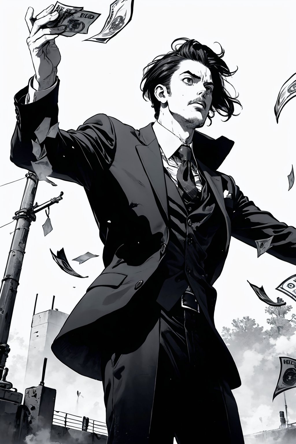 boichi manga style, monochrome, greyscale, an italian mafia member, He's tossing a handful of cash into the air, the bills fluttering like wispy fog, ((masterpiece))