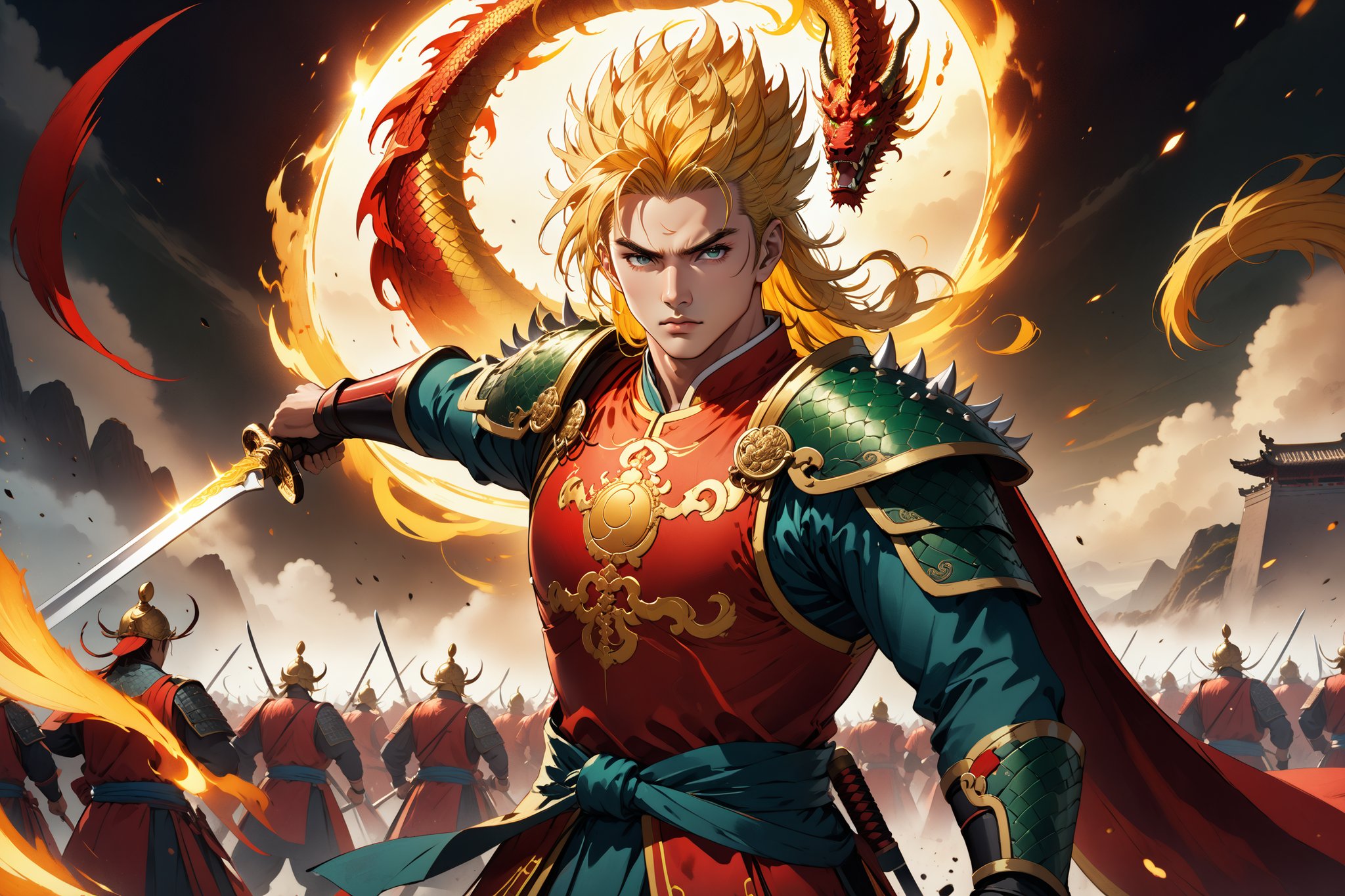 masterpiece, beautiful and aesthetic, ultra detail, intricate, 1male, 20 years old, detailed character design, a heavenly guardian, manly, epic, broad cheeks, (a sun mark on forehead), a look of determination, wide mouth, wide eyes, bushy eyebrows, (spiked hair, yellow hair), tall and strong, muscular, Han Chinese Clothing, Heaven Guard's armor, red armor, holding a Green Dragon Crescent Blade, upper body, dynamic pose, heroic stance, powerful pose, Chinese martial arts animation style,  battlefield scene, multiple warriors behind, Inspired by Chinese mythology story