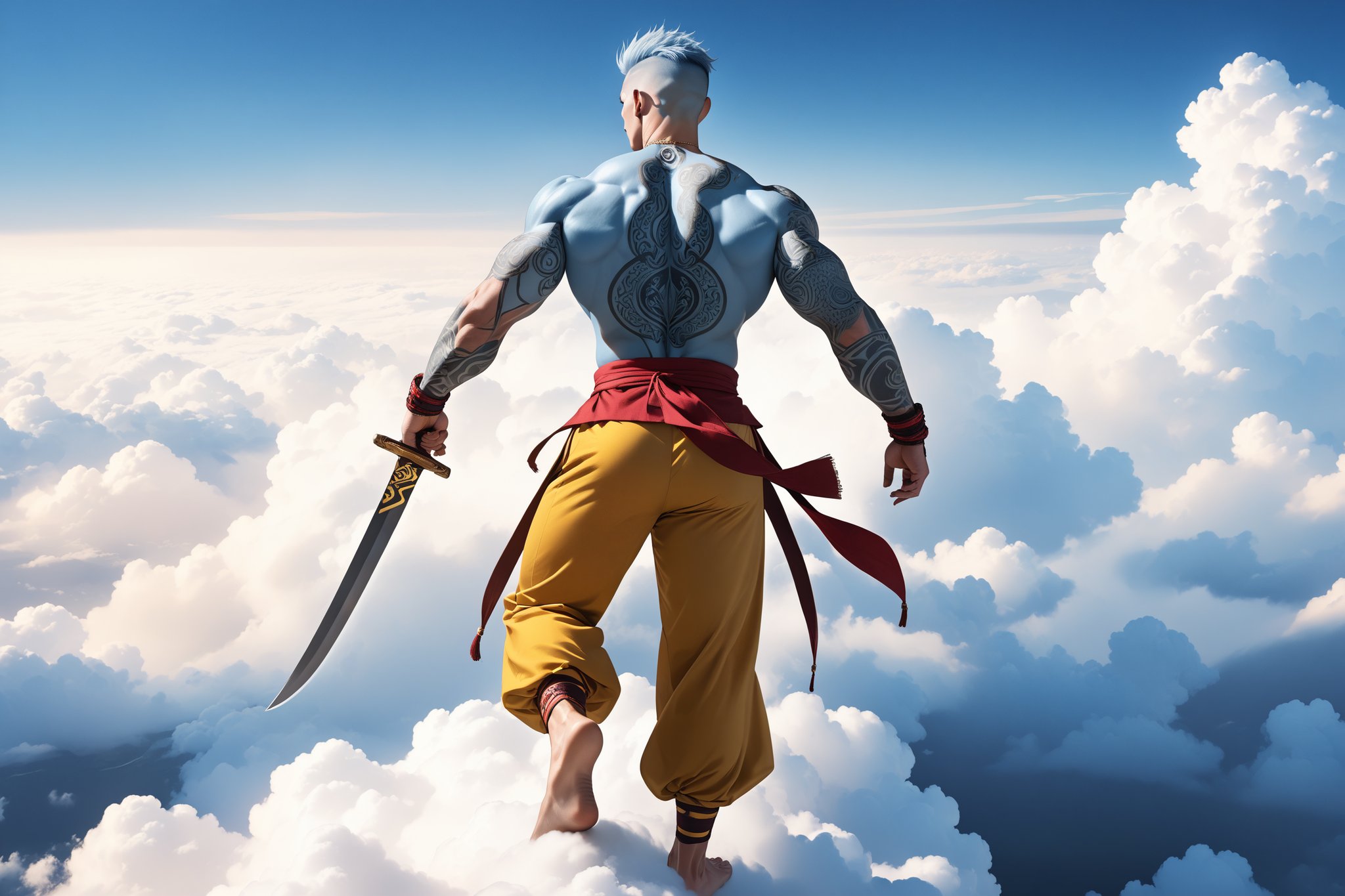 masterpiece, beautiful and aesthetic, ultra detail, intricate, 1male, badass, mythical creature, solo, detailed character design, (golden crew cut), (light blue skin:1.5), tribal tattoo, barefoot, tall and strong, developed muscles, fitness experts, (deep knife scars on arms), Hanfu, red vest, yellow pants, cuffs, (far away shot:1.5), (back view:1.5), dynamic pose, (standing on the clouds:1.5), sky, clouds