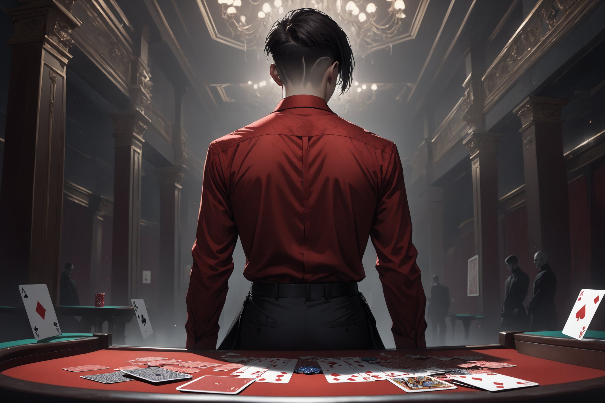 horror-themed {prompt} . eerie, unsettling, dark, spooky, suspenseful, grim, highly detailed, masterpiece, beautiful and aesthetic, ultra detail, intricate, 1male, solo, 23 years old, detailed character design, (dark hair, Classic Undercut), red shirt, black dress pants, (back view:1.5), dynamic pose, playing cards, cards table, in the casino