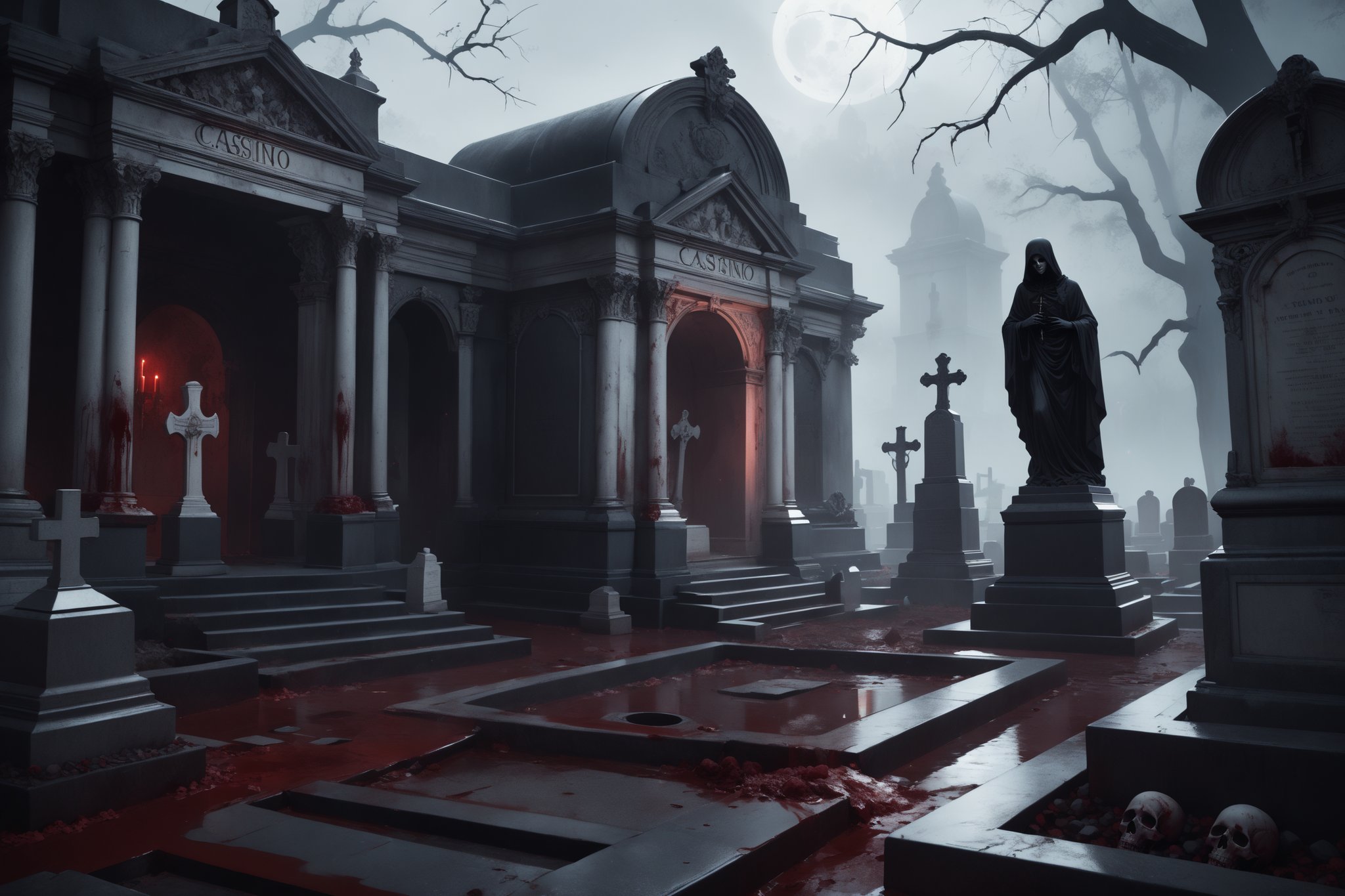 horror-themed {prompt} . eerie, unsettling, dark, spooky, suspenseful, grim, highly detailed, masterpiece, beautiful and aesthetic, ultra detail, intricate, (tombs, graveyard, bloody), in the casino