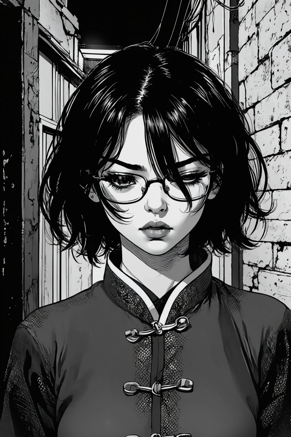 boichi manga style, monochrome, greyscale, in a corner of an alley, under dim street lights, solo, a girl, glasses, short hair, Chinese clothes, closed eyes, thoughtful expression, close up view, ((masterpiece))