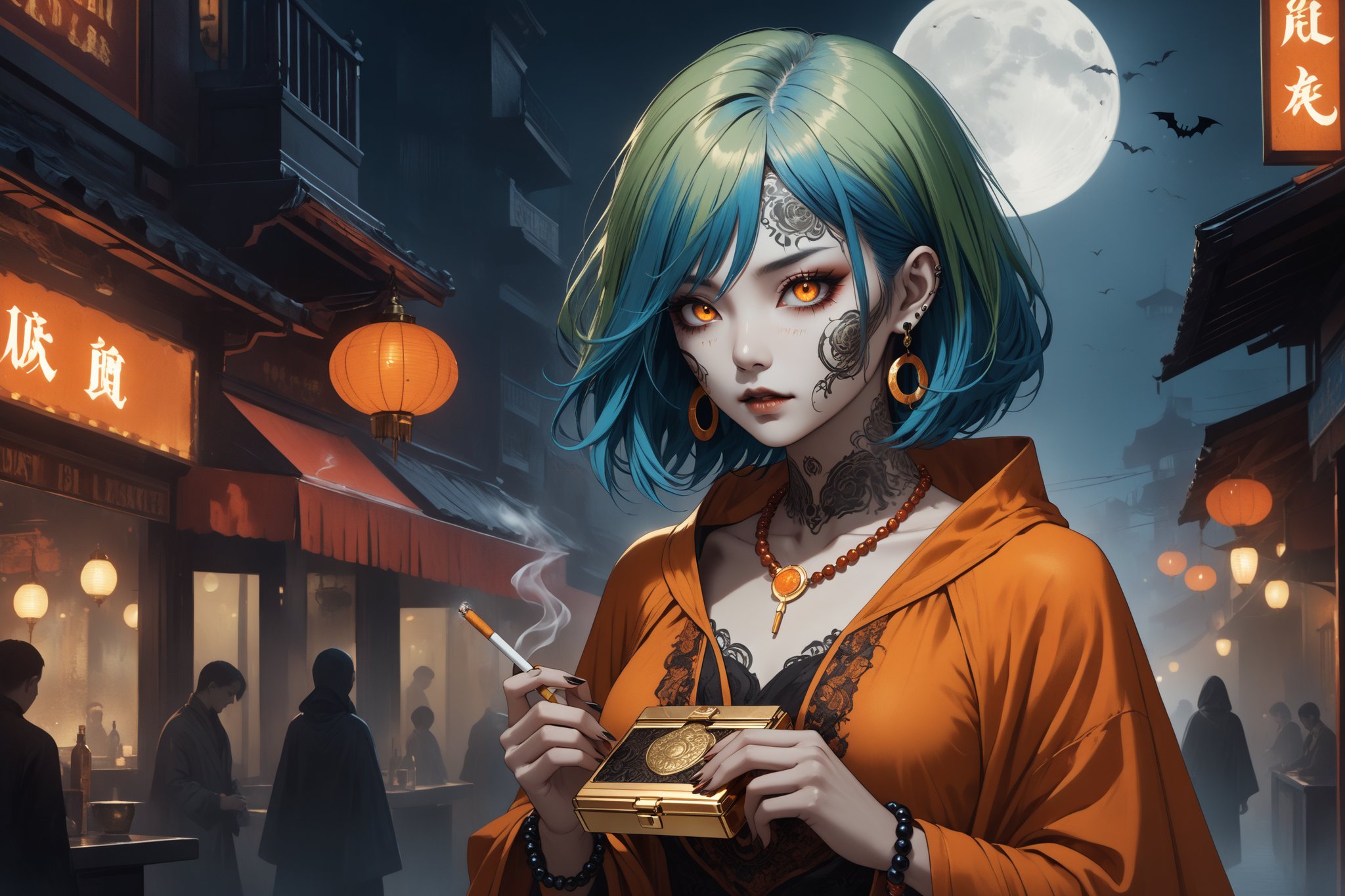 horror-themed {prompt} . eerie, unsettling, dark, spooky, suspenseful, grim, highly detailed, masterpiece, beautiful and aesthetic, ultra detail, intricate, 1female, solo, 45 years old, detailed character design, Asian, mysterious, (facial tattoo:1.2), ghostly eyes, crescent earrings, (medium hair disheveled, Split-color Hair, Deep Green Hair, Blue Hair), small body, full figure, deep orange poncho, bead_necklace, bead_bracelet, (looking down:1.2), (hand in a golden cigarette case:1.5), outdoors, night club street, night moon