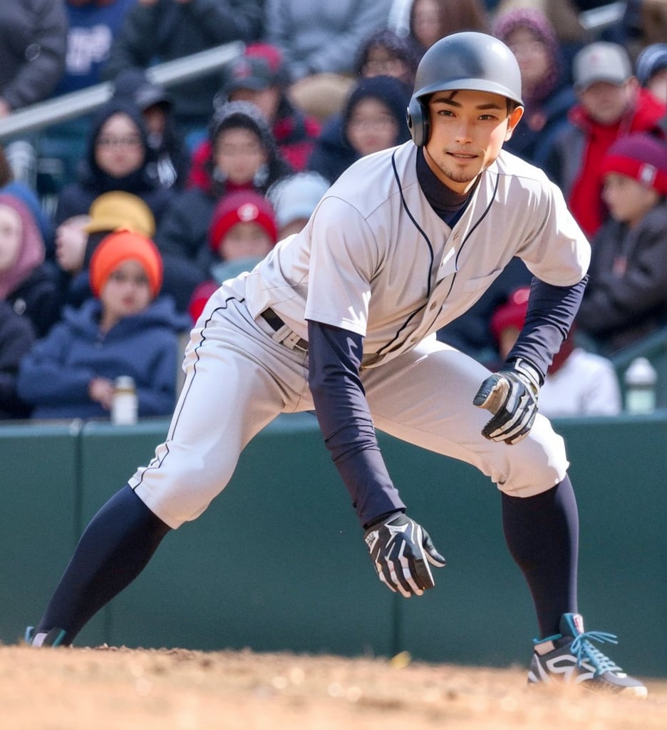 looking at viewer, smile, short hair, shirt, gloves, 1male, Japanese, hat, standing, full body, male focus, outdoors, shoes, solo focus, socks, pants, blurry, blurry background, facial hair, helmet, baseball cap, 6+boys, sportswear, realistic, white pants, crowd, baseball uniform, stadium, baseball mitt