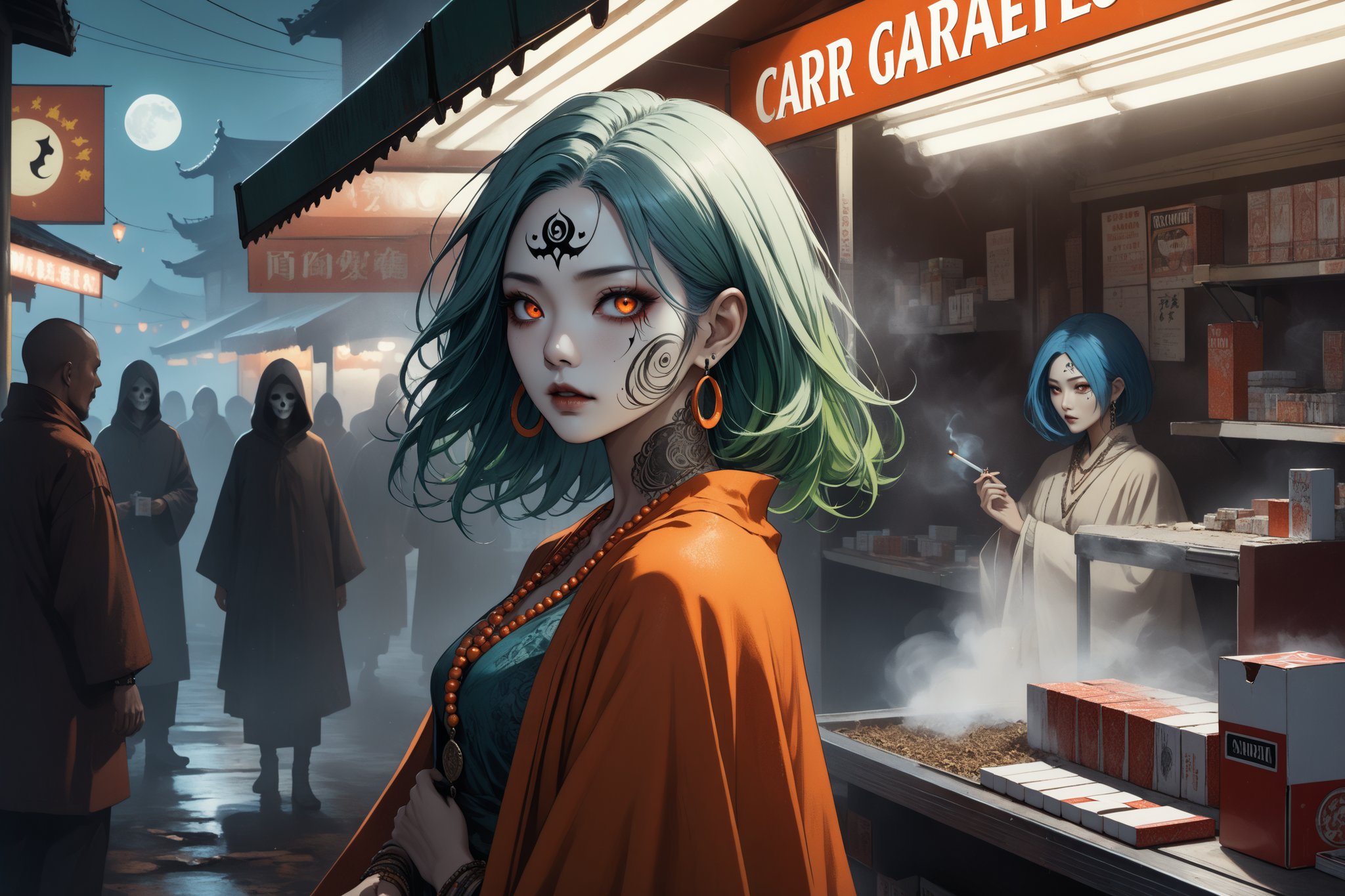 horror-themed {prompt} . eerie, unsettling, dark, spooky, suspenseful, grim, highly detailed, masterpiece, beautiful and aesthetic, ultra detail, intricate, 1female, solo, 45 years old, detailed character design, Asian, mysterious, (facial tattoo:1.2), ghostly eyes, crescent earrings, (medium hair disheveled, Split-color Hair, Deep Green Hair, Blue Hair), small body, full figure, deep orange poncho, bead_necklace, bead_bracelet, dynamic pose, outdoors, (working in cigarettes stall:1.5), multiple people buy cigarettes, night moon