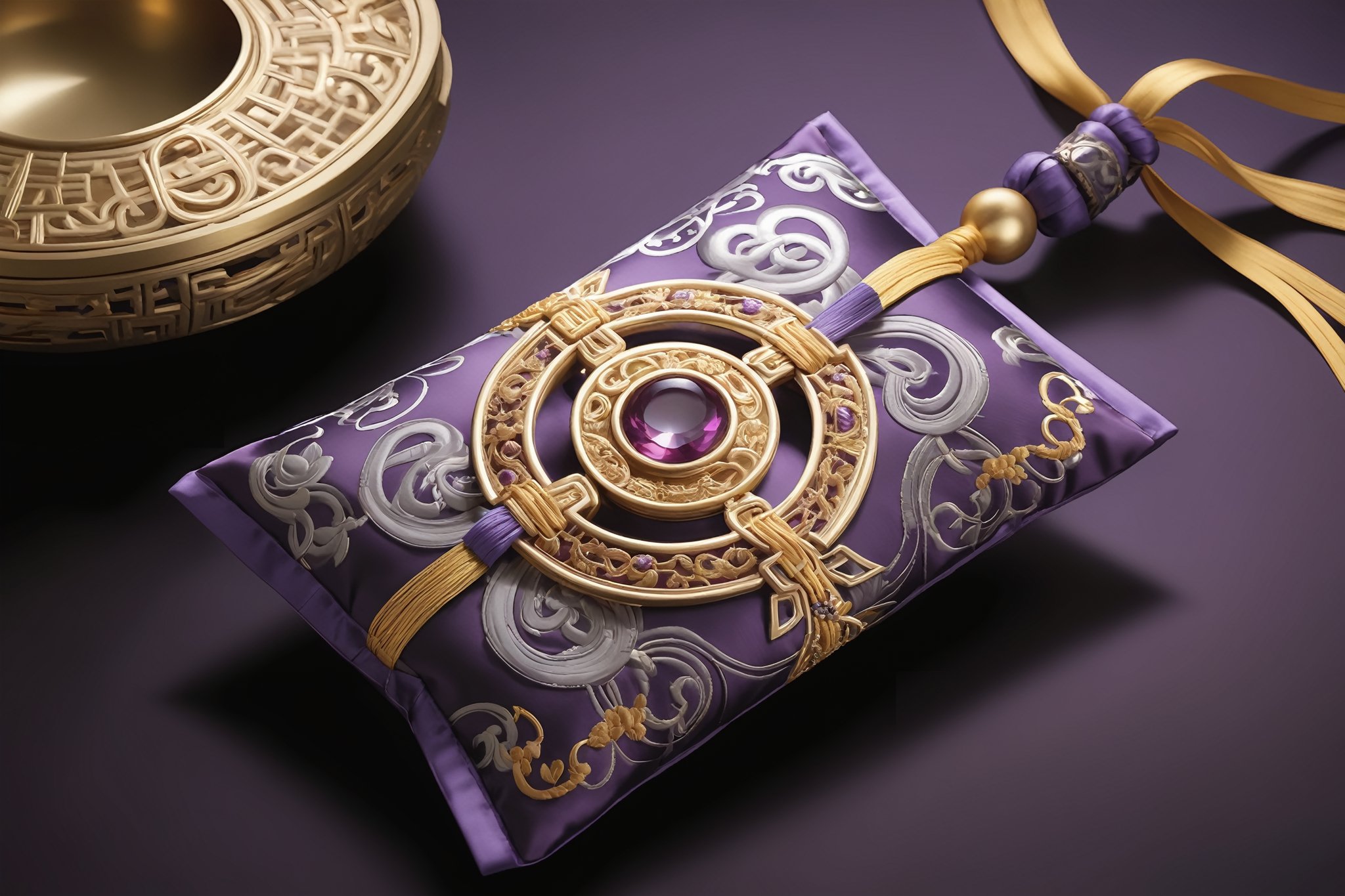 A delicate, palm-sized sachet from ancient China's mystical realm, adorned with intricate purple pattern embroidery, shines like a precious gem. A golden tie, ornately knotted, cinches the mouth shut, exuding elegance. In a stylized anime flair, this exquisite relic comes to life in vivid 2D animation, transporting viewers to a bygone era of myth and legend.