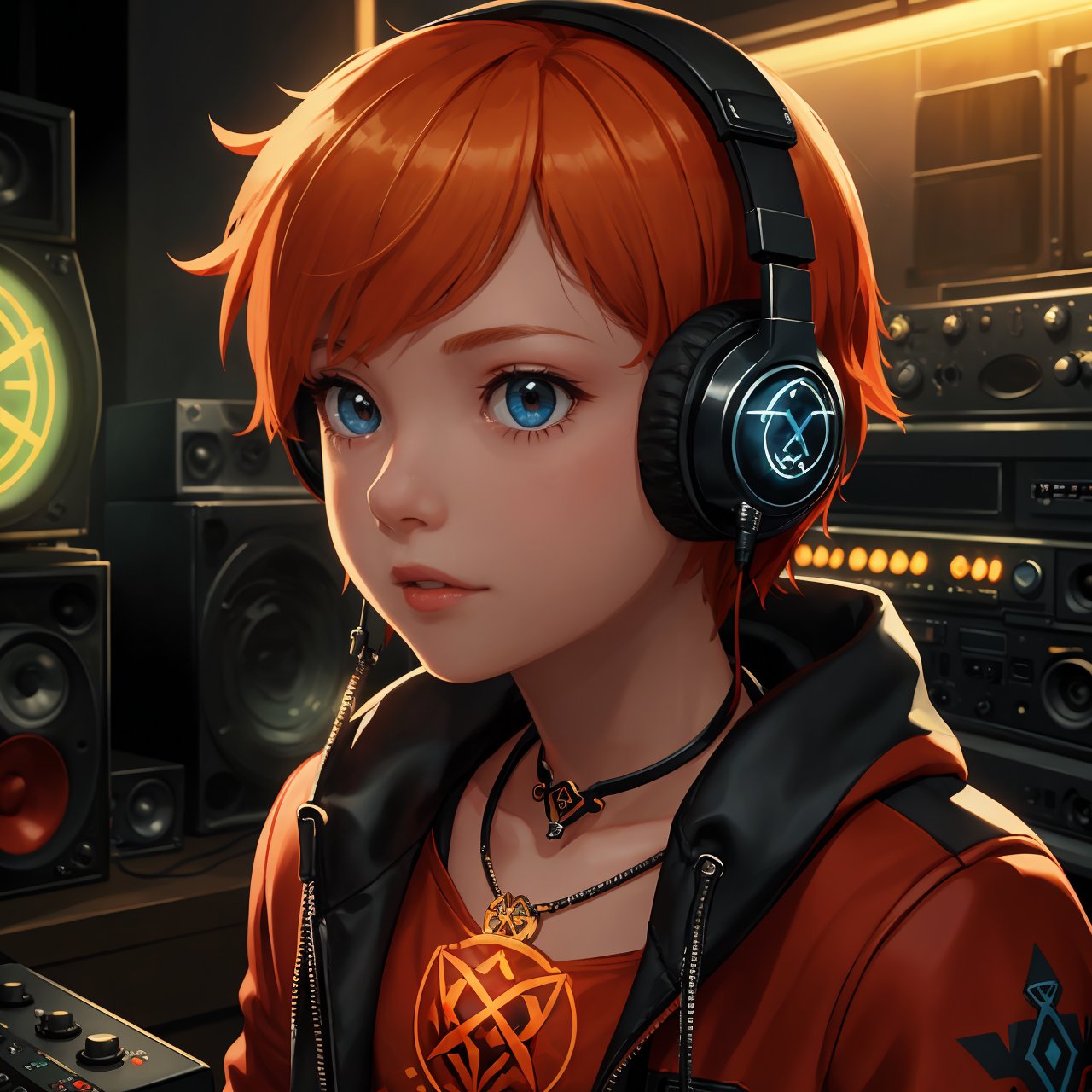 exquisite details and texture, detailed face, anatomy correct, best quality, ultra detailed, photorealistic, ((cinematic scenic view of 1 boy)), short hair, orange hair, sunglasses, wore a pair of headphones, red colored robe, cool, flame tattoos, flame pentagram necklace. He was a radio DJ, playing music in a tiny radio studio, front view, upper body, Cyberpunk style