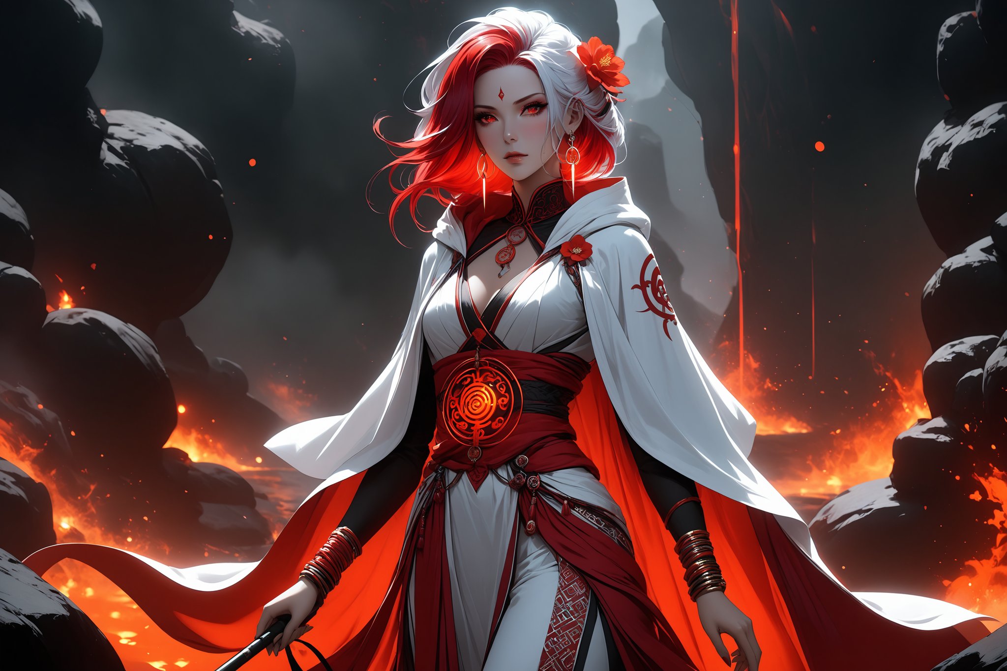 masterpiece, beautiful and aesthetic, ultra detail, intricate, 1female, 40 years old, detailed character design, sorceress, mysterious, (a red mole on forehead:1.2), red eyes, hoop earrings, (medium hair, traditional Chinese updo, Split-color Hair, white Hair, red Hair), hair flower, bangle, short stature, hooded cloak, (Taoist robe, pants, orange), cane, (from side:1.5), dynamic pose, her hands crackling with arcane energy, standing on lava, smokey, mysterious colorful, magic effect, in heavenly palace