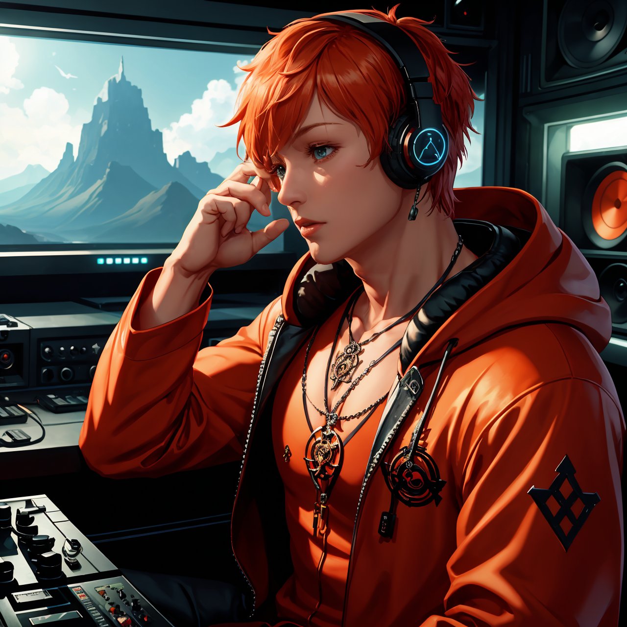 exquisite details and texture, detailed face, anatomy correct, best quality, ultra detailed, photorealistic, ((cinematic scenic view of 1 male, sunglasses)), short hair, orange hair, wore a pair of headphones, red colored robe, cool, flame tattoos, flame pentagram necklace. He was a radio DJ, playing music in a tiny radio studio, front view, upper body, Cyberpunk style