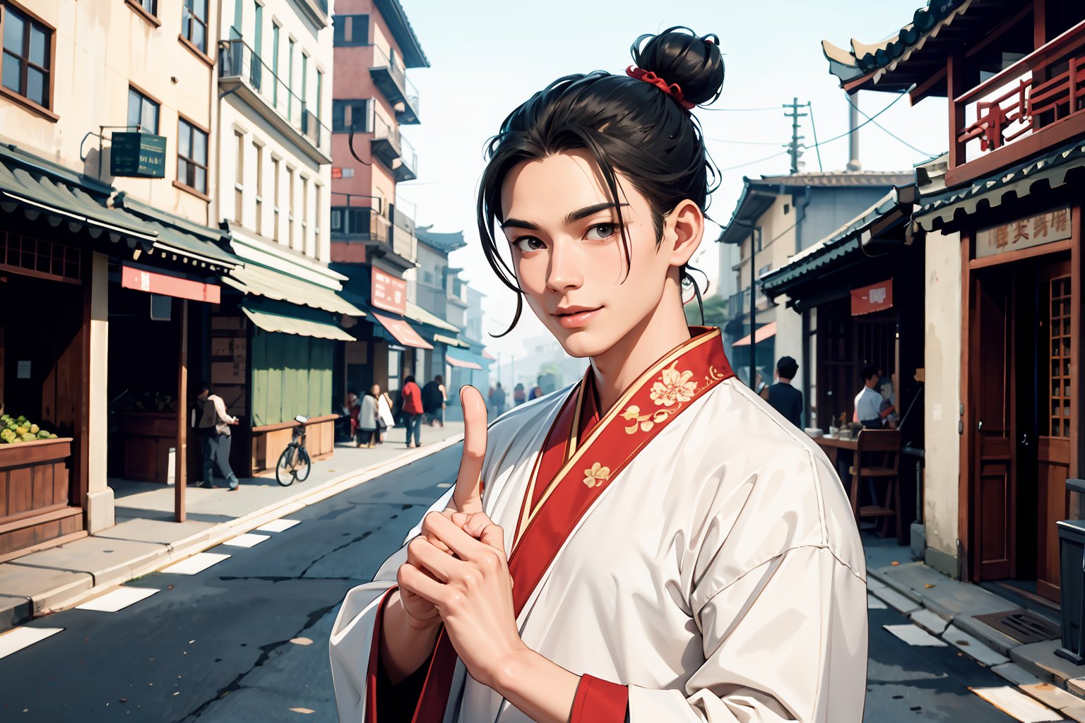 Masterpiece, best quality, detailed character design, UHD, (solo, 1male:1.5), 25 years old, a traditional Chinese physician, serene expression, manly, (wide jaw), light smile, (black, single hair bun:1.3), tall and lean, (accurate body and hand anatomy), (four fingers and a thumb:1.5), hanfu, elegant, upper body, looking at viewer, ancient market in the background, ancient China style,