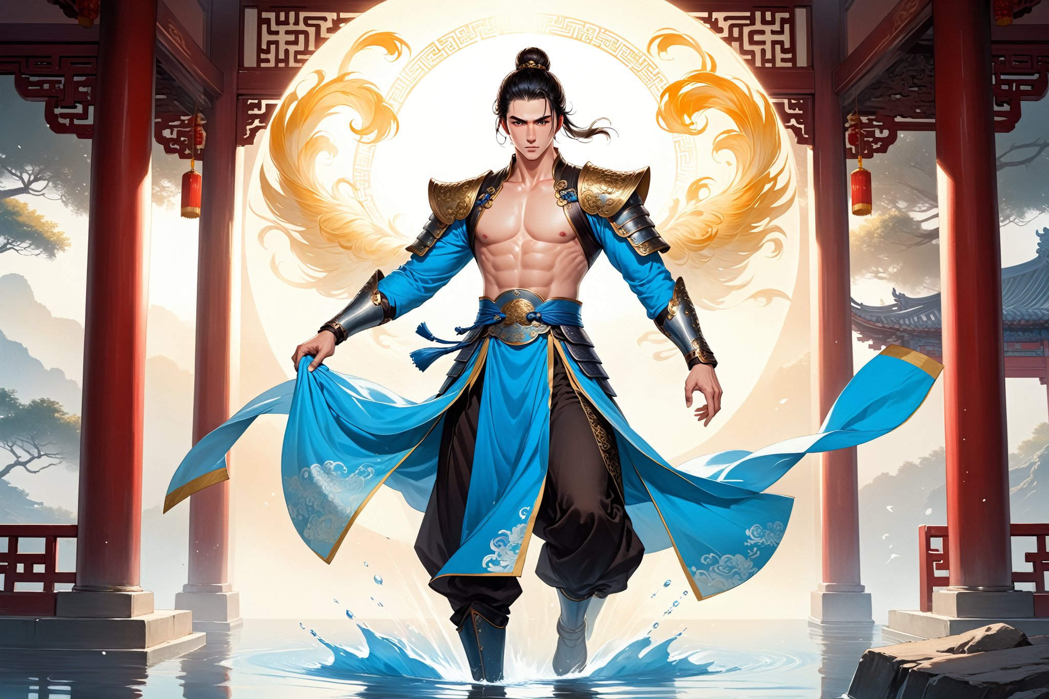 masterpiece, beautiful and aesthetic, ultra detail, intricate, (solo, 1male:1.5), 25 years old, detailed character design, Chinese mythology story, a heavenly guardian, serene expression, manly, bushy eyebrows, wide eyes, wide jaw, (black hair, a single hair bun), tall and lean, (Han Chinese clothing, armor, brown), full body, dynamic pose, standing, holding a book, creating a picturesque view of a heavenly palace, bathed in soft, ethereal light.