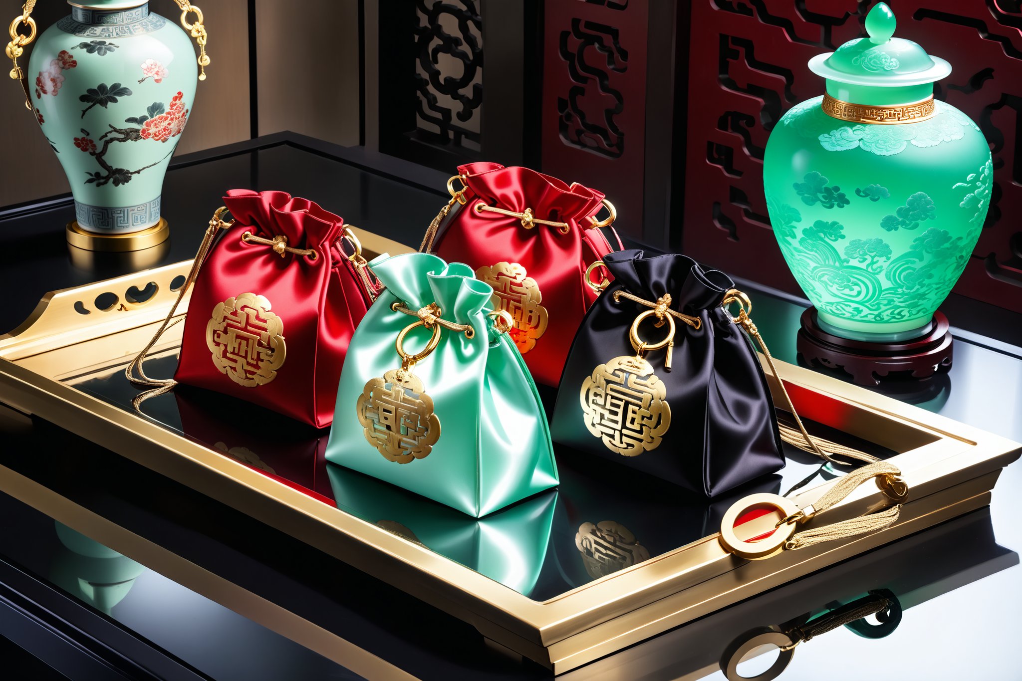 Masterpiece, beautiful and aesthetic, ultra detail, intricate, inspired by the wealthy families in ancient China, three exquisite little brocade bags, red and black, satin texture, sealed with a golden lanyard, placed on a top-grade jadeite On the finished tray, noble and elegant