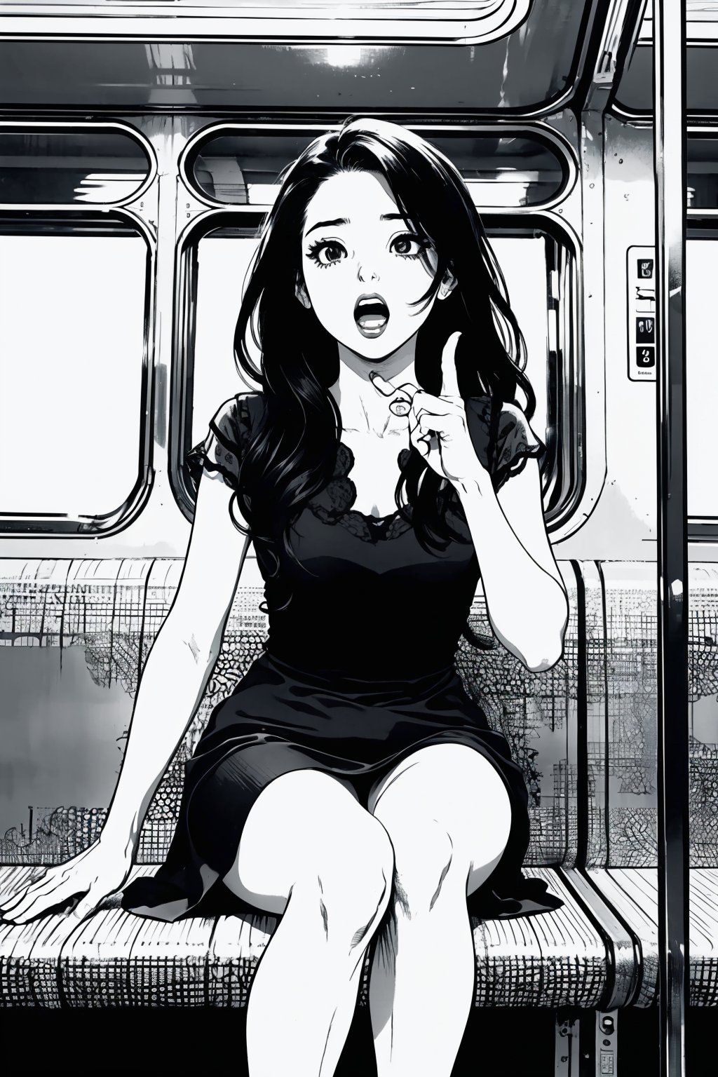 Boichi manga style, monochrome, greyscale, solo, a young lady, blone hair, dress up for work, she was sitting in the train compartment, surprised eyes, open mouth, a finger point to the ground, ((masterpiece))