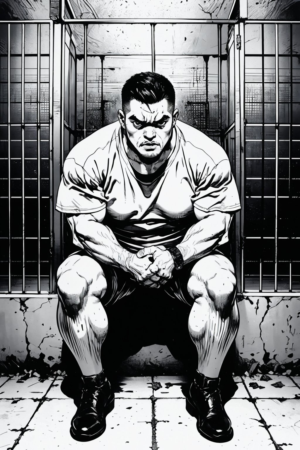 boichi manga style, monochrome, greyscale, solo, a criminal of male, crew cut, round face, thick eyes, big mouth, thick lips, scarred cheeks, vicious face, tall and fat, wearing a prison clothes, siting on the ground, behind the cage, looking the cage, ((masterpiece))