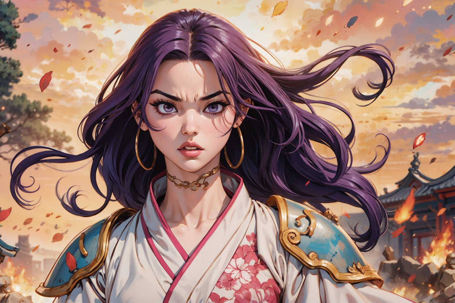 In Chinese mythology, solo, 1girl, big eyes, pink lips, long curly hair, purple hair, tall and thin, warrior, armor, long robe, eyes closed, expression of pain, unsteady, shaky, (full shot:1.2), ancient China style, boichi manga style