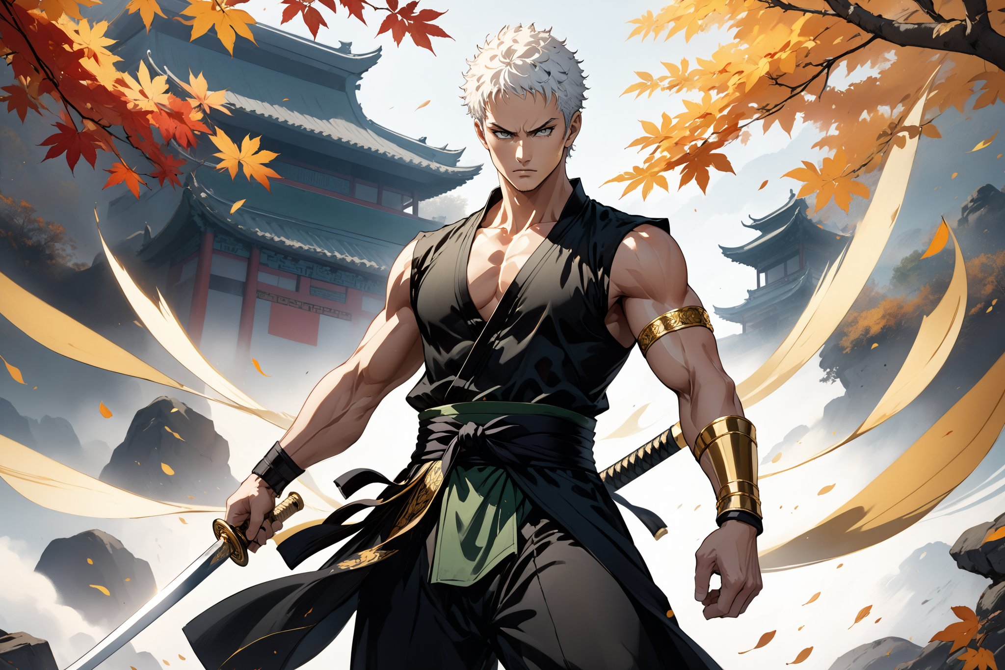 masterpiece, beautiful and aesthetic, ultra detail, intricate, 1male, solo, representation of the legendary martial artist, Roronoa Zoro features, detailed character design, serious expression, (white hair), exquisite body, strong abdominal muscles, (golden armlet:1.2), (black half gloves), black martial arts belt, (black Hanfu, sleeveless), black lace-up ankle brace, (he wields a single golden broadsword, unique and finely detailed), (medium full shot:1.5), dynamic pose, he stands tall and resolute, exuding an air of strength and unwavering determination. Chinese martial arts animation style, autumn leaves fluttering around, Inspired by Chinese mythology story