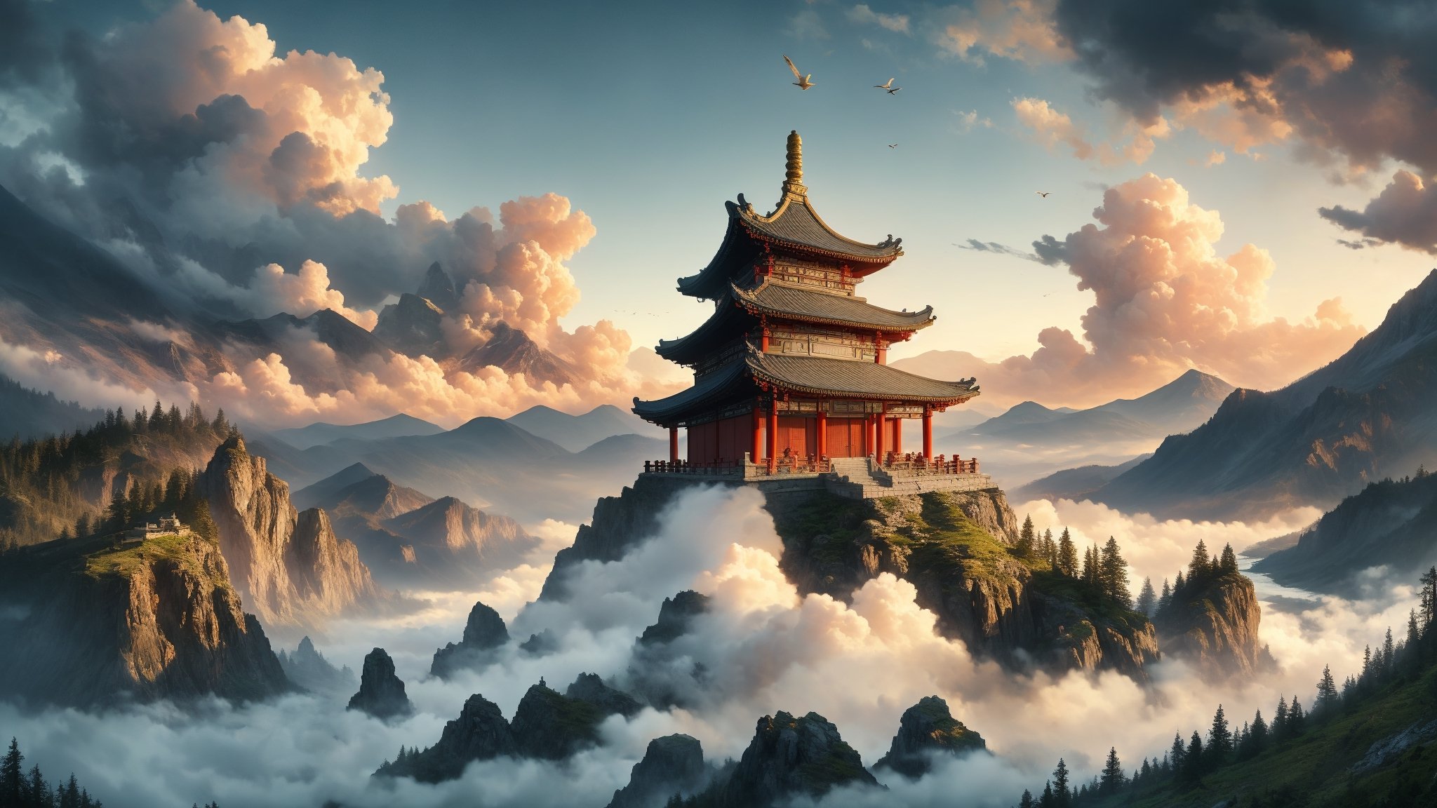 water, smoke, mountains, Chinese temple, clouds, birds, at Twilight, tilt shift, Cleancore, HDR, Mustafa Abdulhadi, involved in a project,  DonM3l3m3nt4l, 