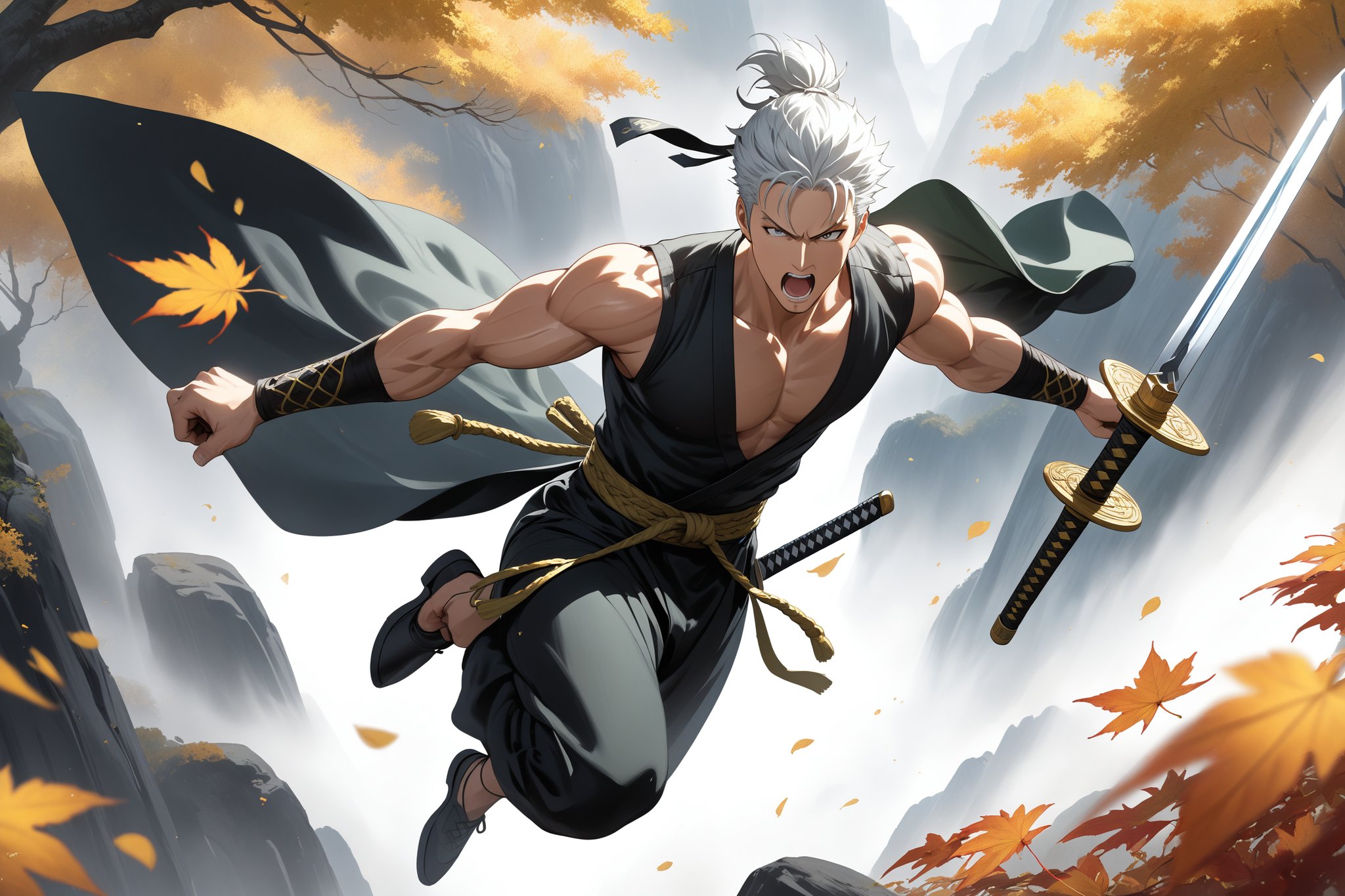 masterpiece, beautiful and aesthetic, ultra detail, intricate, 1male, solo, Roronoa Zoro features, detailed character design, fierce expression, open mouth, yelling, (white hair), exquisite body, strong abdominal muscles, (golden armlet:1.2 ), (black half gloves), black martial arts belt, (black Hanfu, sleeveless), black lace-up ankle brace, (he holds the golden sword high in both hand:2), (leaping in the air:2), (from above:1.5), dynamic pose, dramatic arc of light and shadow, Chinese martial arts animation style, peak, white smokes, mists. forests, mists, autumn leaves fluttering around