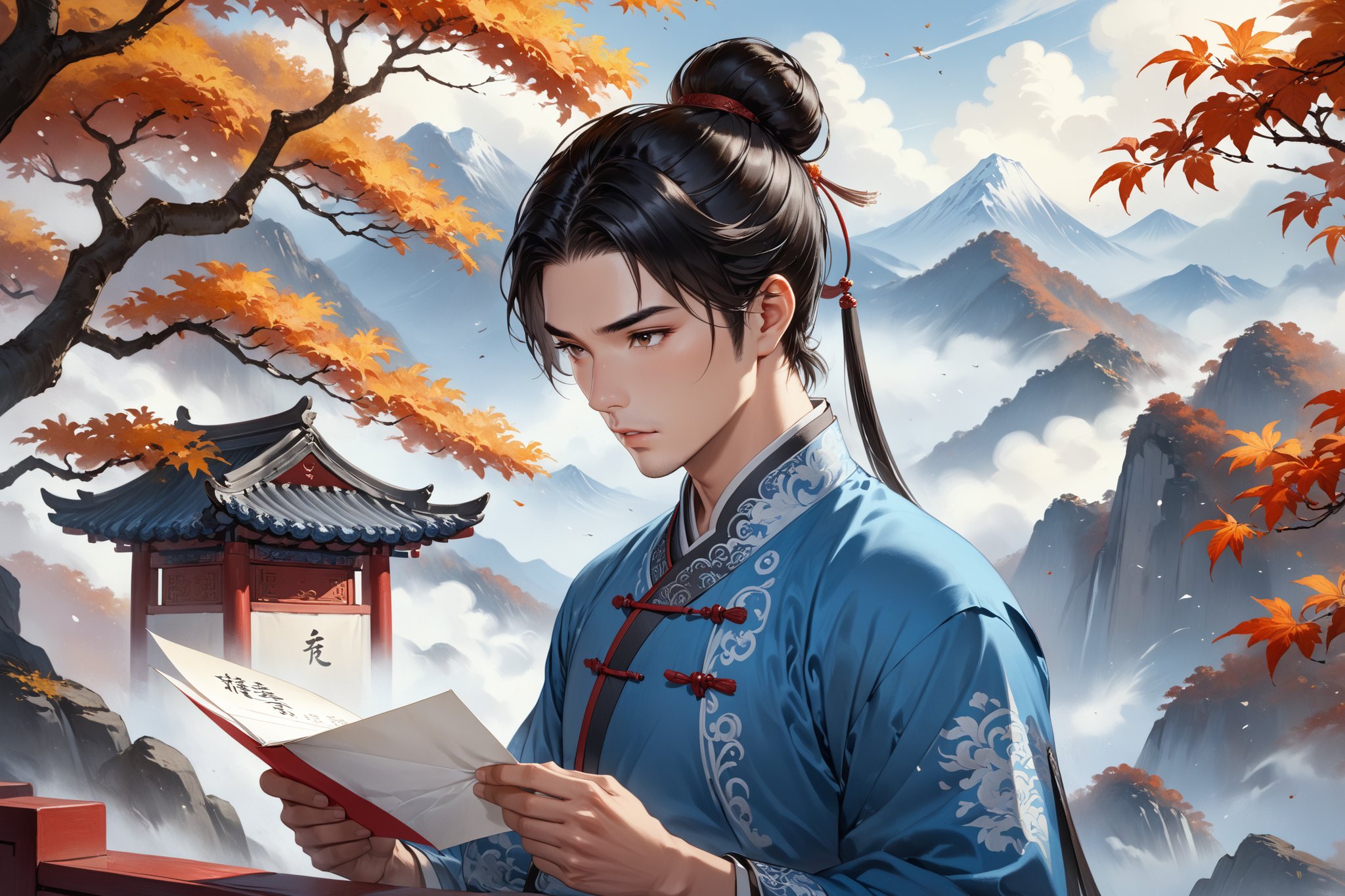 masterpiece, beautiful and aesthetic, ultra detail, intricate, (solo, 1male:1.5), 25 years old, detailed character design, a heavenly guardian, manly, focus expression, bushy eyebrows, wide jaw, (black hair, a single hair bun), tall and lean, (Han Chinese clothing, brown). (upper body, he is reading a letter:1.2), mountain, mists, autumn leaves fluttering around