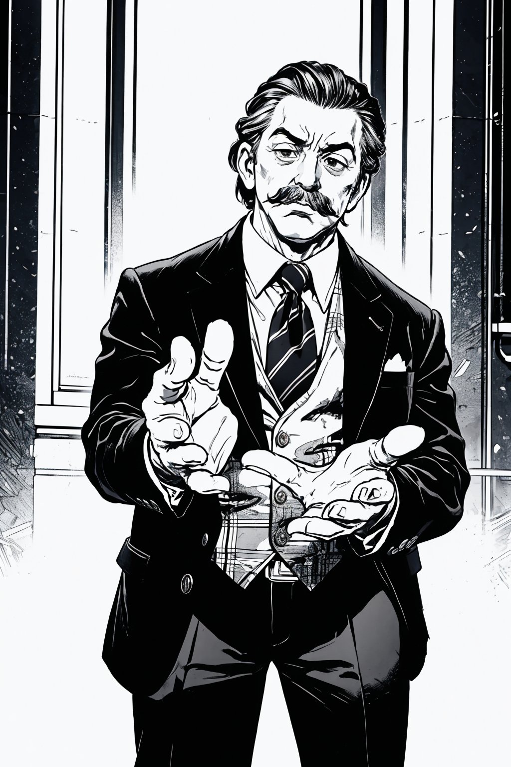 boichi manga style, monochrome, greyscale, he is Walt Disney, the founder of Disneyland, slicked hairstyle, mustache, plaid suit, he spreads his hands, indicating that he has no money, his expression is very sad and helpless, full body shot, ((masterpiece))