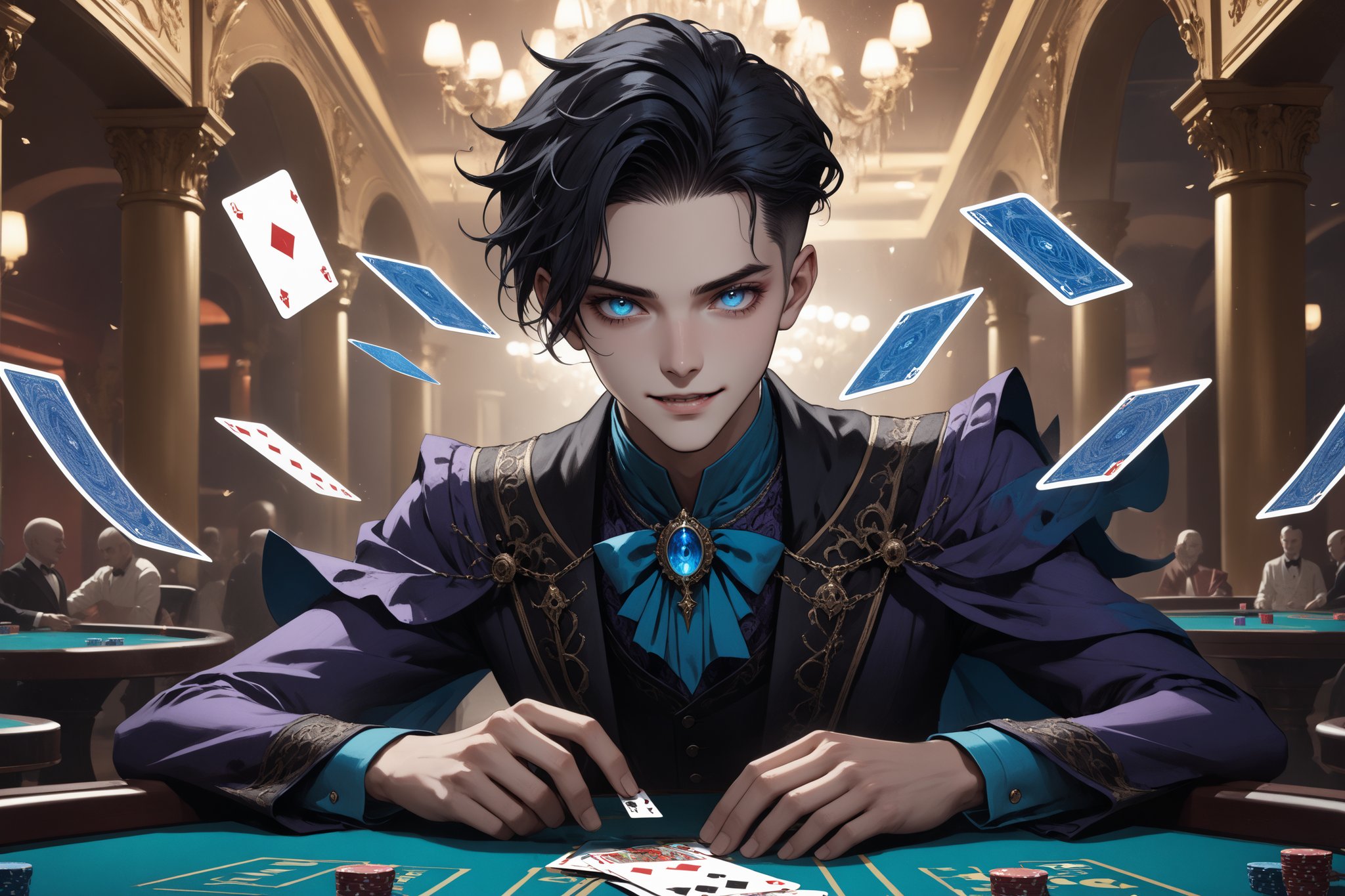 horror-themed {prompt} . eerie, unsettling, dark, spooky, suspenseful, grim, highly detailed, masterpiece, beautiful and aesthetic, ultra detail, intricate, 1male, solo, 23 years old, detailed character design, delicate face, magician, light blue eyes, mischievous grin, (dark hair, Classic Undercut), dark magician dress, dynamic pose, (his hands crackling with arcane energy), cards flying random, in the Casino. 