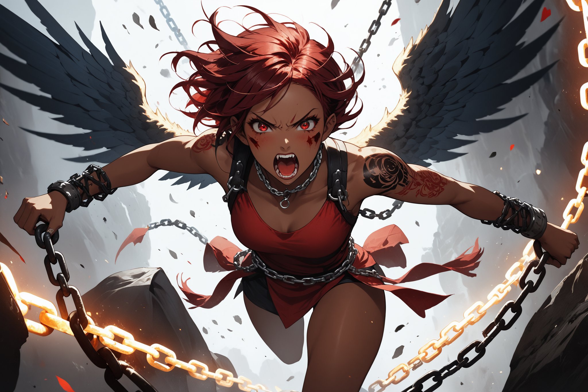 masterpiece, beautiful and aesthetic, ultra detail, intricate, Chinese mythology, solo, 1female, monster_girl, a heavenly guardian, (fly into a rage), short hair, dark red hair, (facial marks), fierce face, evil face, fangs, (yelling), (pointed ears), (dark skin), strong body, (number tattoo), (a single wing behind:1.5), dark red vest, long pants, (overhead shot:1.5), sharp focus, dynamic pose, action-packed, ((shackles, chains)), dramatic lighting, in the huge hole, Chinese martial arts animation style