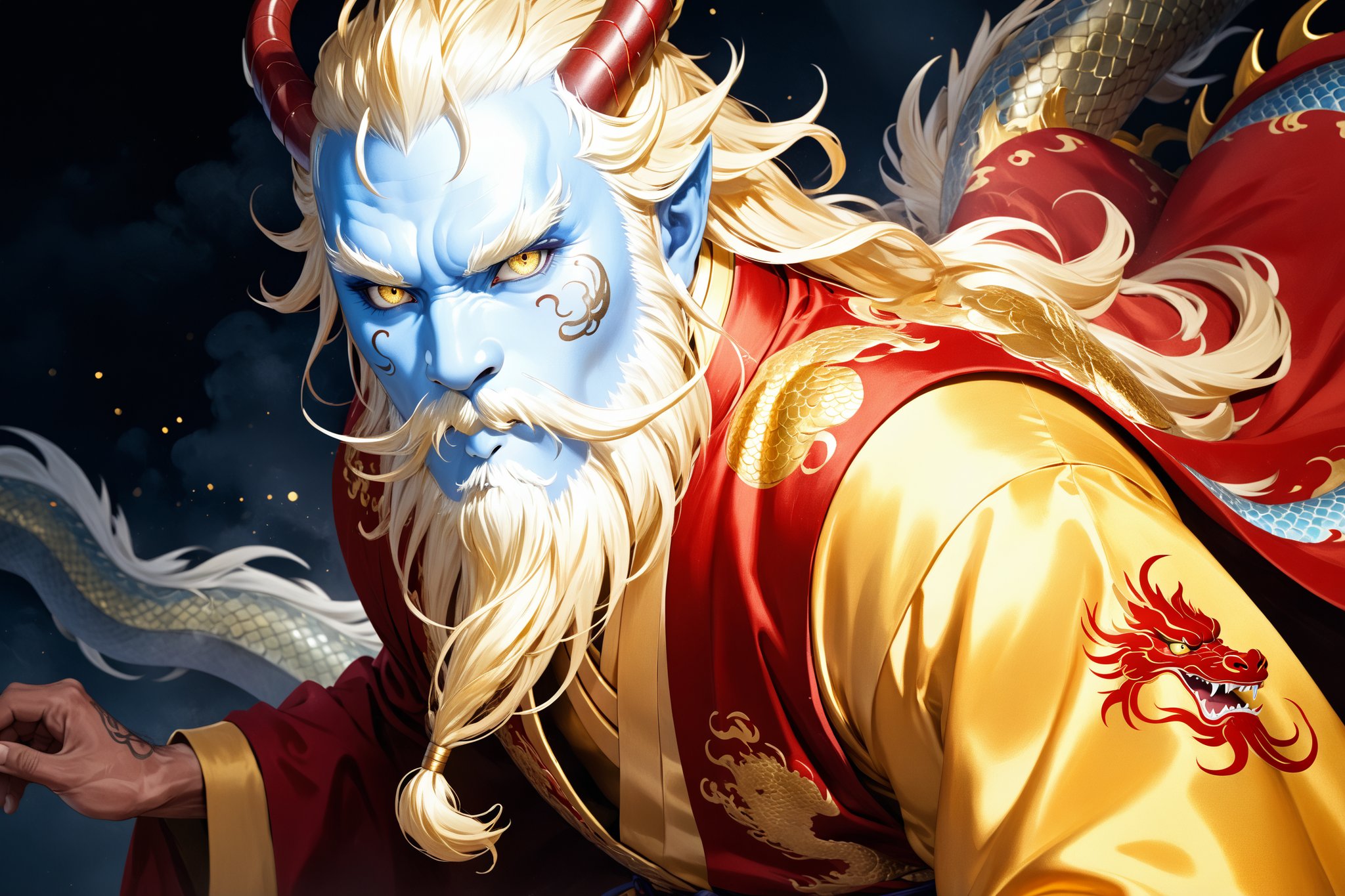 masterpiece, beautiful and aesthetic, ultra detail, intricate, 1man, solo, 55 years old, detailed character design, (Chinese dragon fetures, dragon eyes, dragon nose, dragon beard), blue face, glistening scales skin, domineering, (messy golden hair, red mane), (fatty:1.5), golden imperial robe, upper body, dynamic pose, Inspired by Chinese mythology story, dragon palace