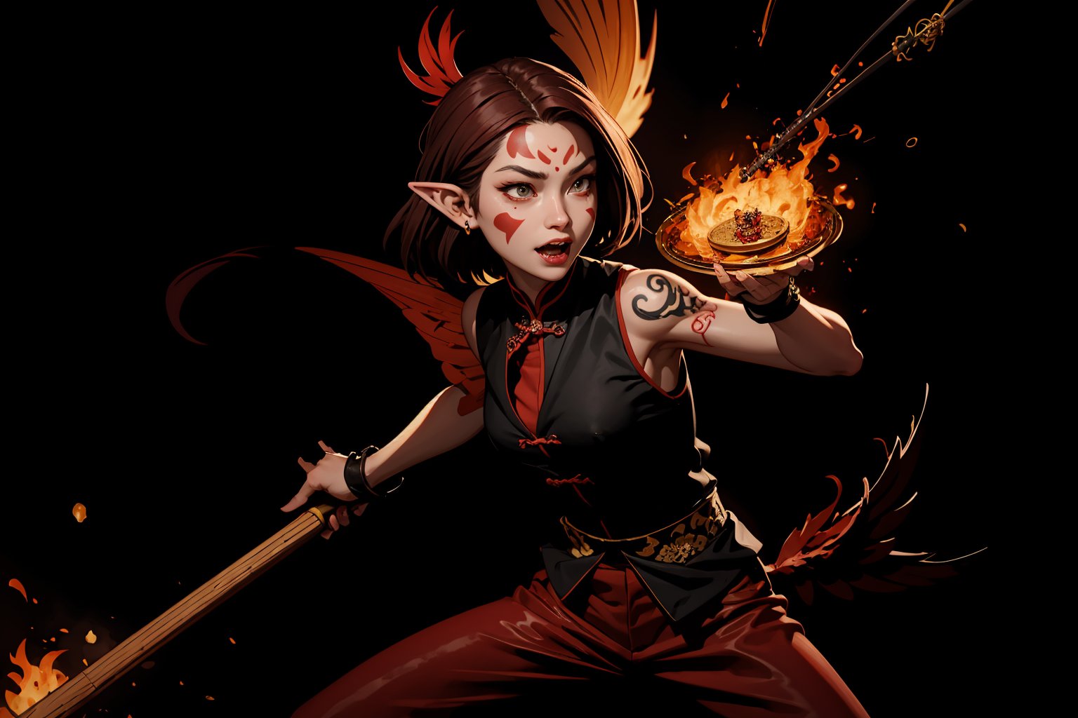 Chinese mythology, solo, 1female, monster_girl, short hair, dark red hair, (facial marks), fierce face, evil face, fangs, sexy lips, (pointed ears), (dark skin), strong body, (phoenix tattoo), (a single wing behind:1.2), (smell the sandalwood, incense:1.2), dark red vest, long pants, smog background, Chinese martial arts animation style