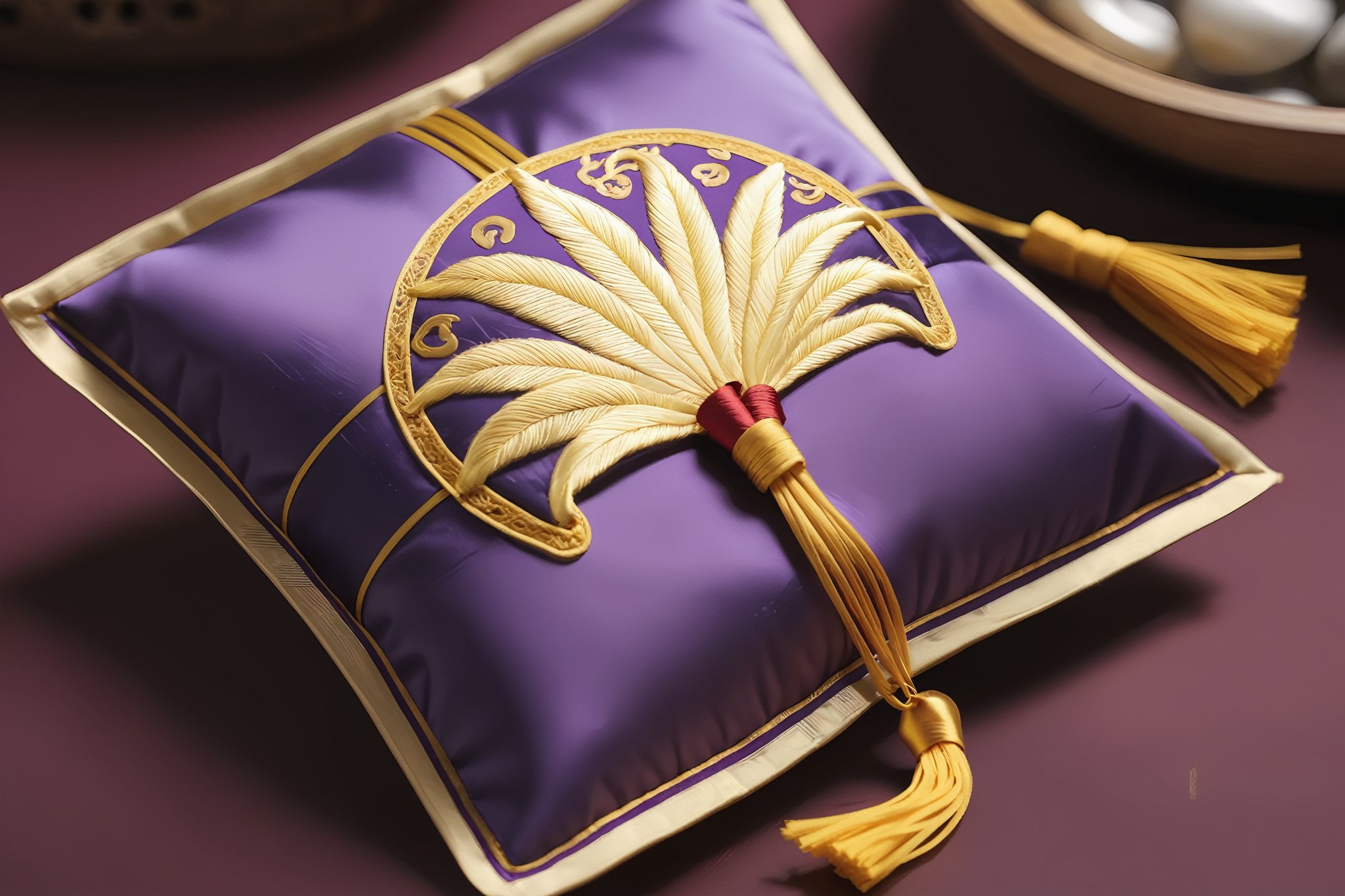 Inspired by Chinese mythology, a traditional Chinese sachet, palm-sized, with purple pattern embroidery, a golden tie, tied at the mouth of the sachet, exquisite and elegant, ancient China, anime style, 2d