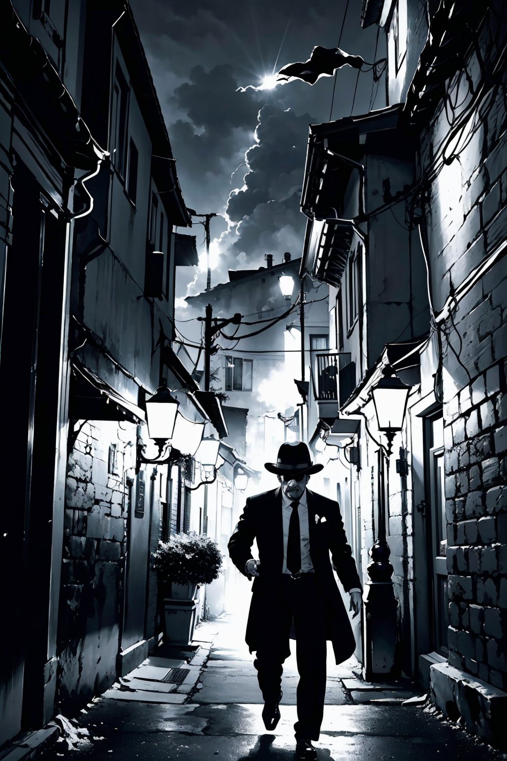 A misty night in Little Italy. The dimly lit alleyway is bathed in the soft glow of a lone streetlamp. A suave Italian mafia member, dressed to impress in a black suit and fedora, stands tall with one hand extended. He's tossing a handful of cash into the air, the bills fluttering like wispy fog as they disperse. The atmosphere is tense yet refined, as if the very fate of the city hangs in the balance. A masterpiece of monochrome mastery.