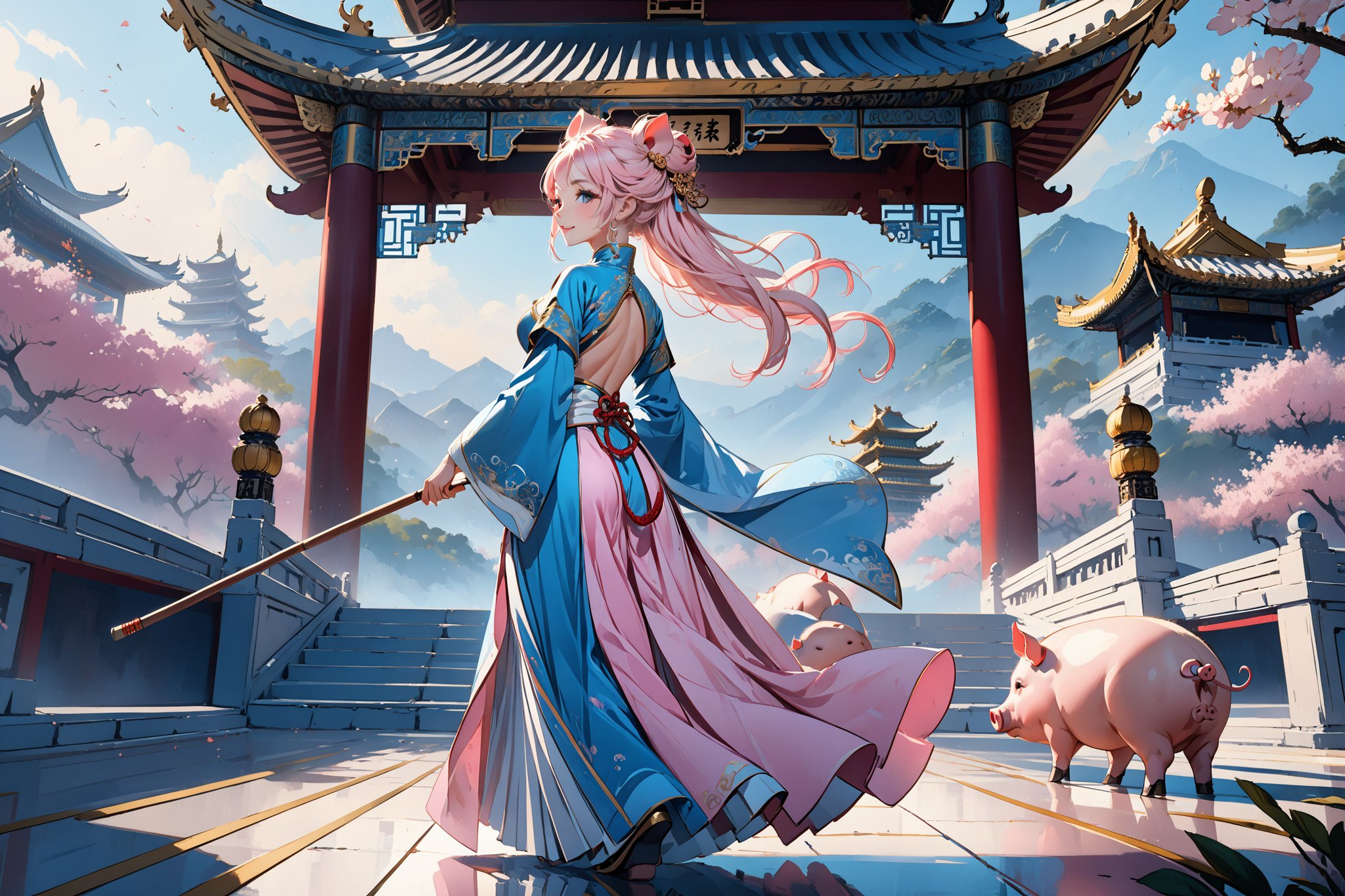 masterpiece, beautiful and aesthetic, ultra detail, intricate, solo, (1female, Pig features, Pig ears), detailed character design, smile sweetly, light pink skin, silver hafu, wide sleeves, blue long skirt, she holding a long stick, (back view:1.5), dynamic pose, Chinese martial arts animation style, outdoors, heavenly palace, countless palaces