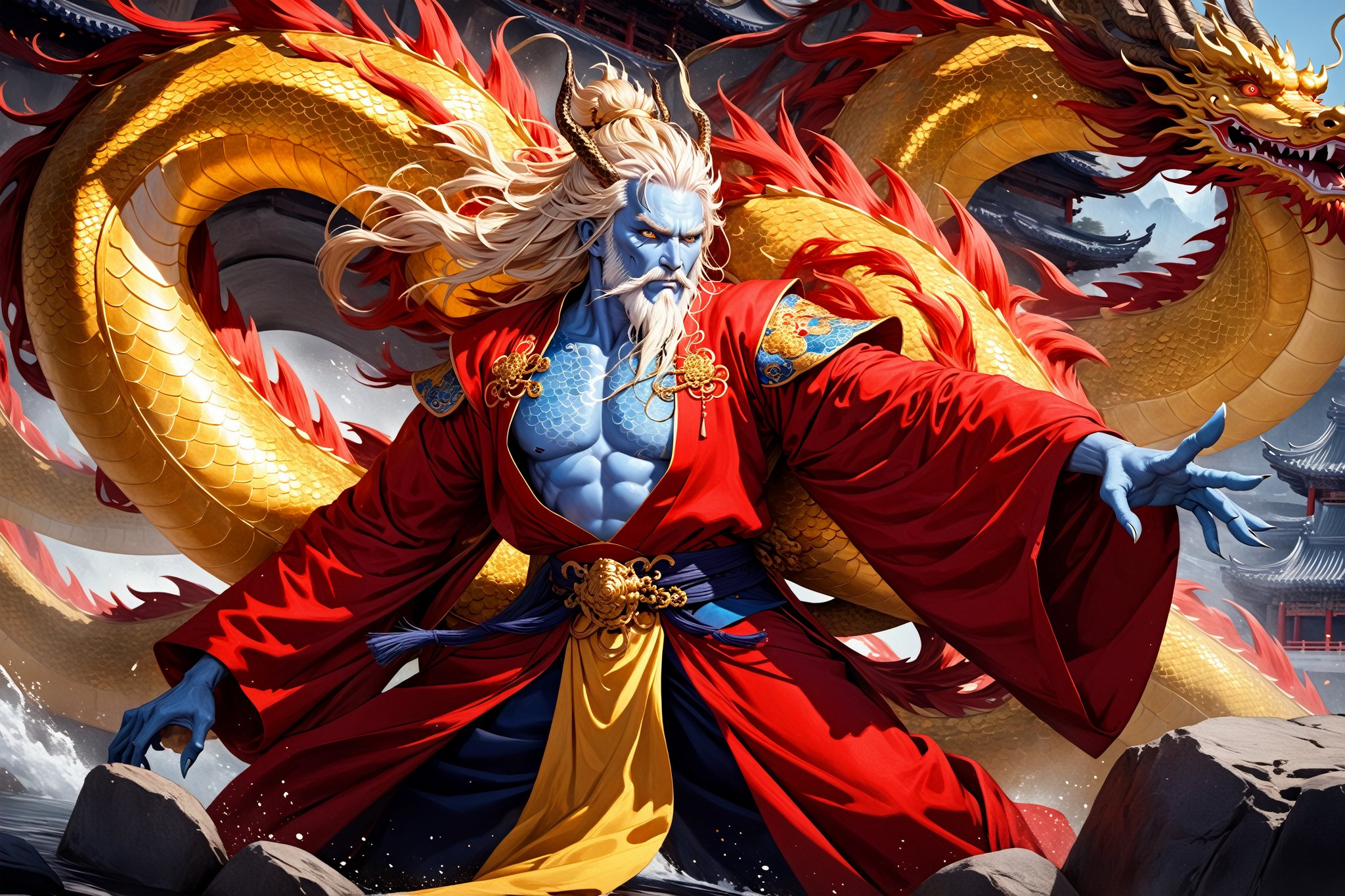 masterpiece, beautiful and aesthetic, ultra detail, intricate, 1man, solo, 55 years old, (Dragon King), detailed character design, (Chinese dragon features, dragon eyes, dragon nose, dragon beard), (messy hair, golden hair), (blue skin, glistening scales skin), tall and strong, (red imperial robe), front view, dynamic pose, Inspired by Chinese mythology story, dragon palace