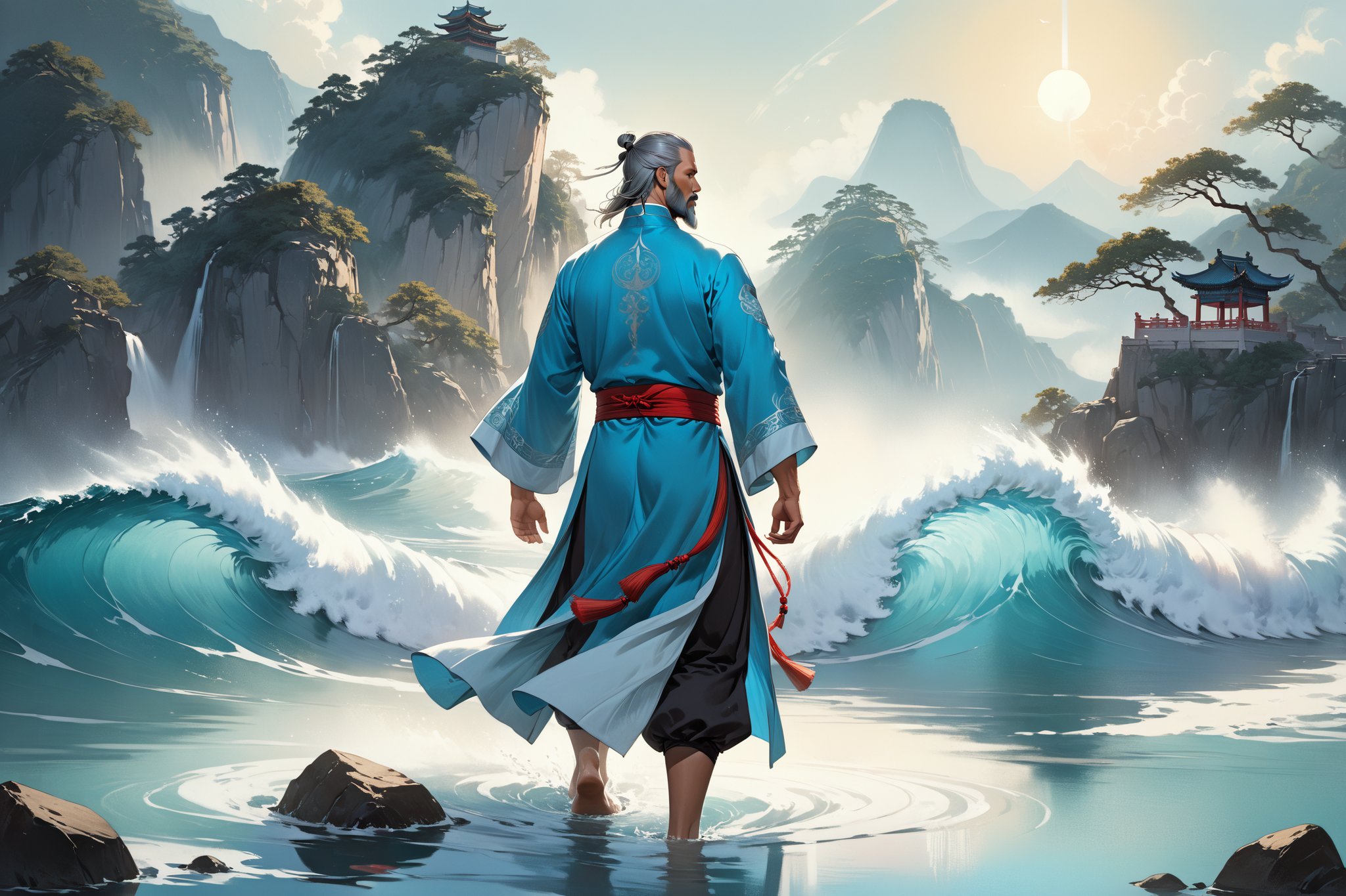 masterpiece, beautiful and aesthetic, ultra detail, intricate, Chinese martial arts animation style, divine, manly, legendary, 1male, solo, (40 years old:1.5), detailed character design, a look of determination, two beards, long grey hair, tall and thin, aqua Taoist robe, back view, dynamic pose, walking on water, creating a picturesque view of a heavenly palace, wave, bathed in soft and ethereal light.