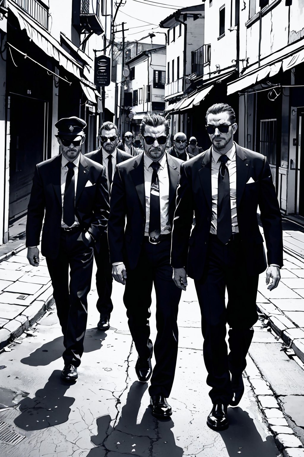 boichi manga style, monochrome, greyscale, A group of Italian mafia thugs walking fiercely on the street, ((masterpiece))