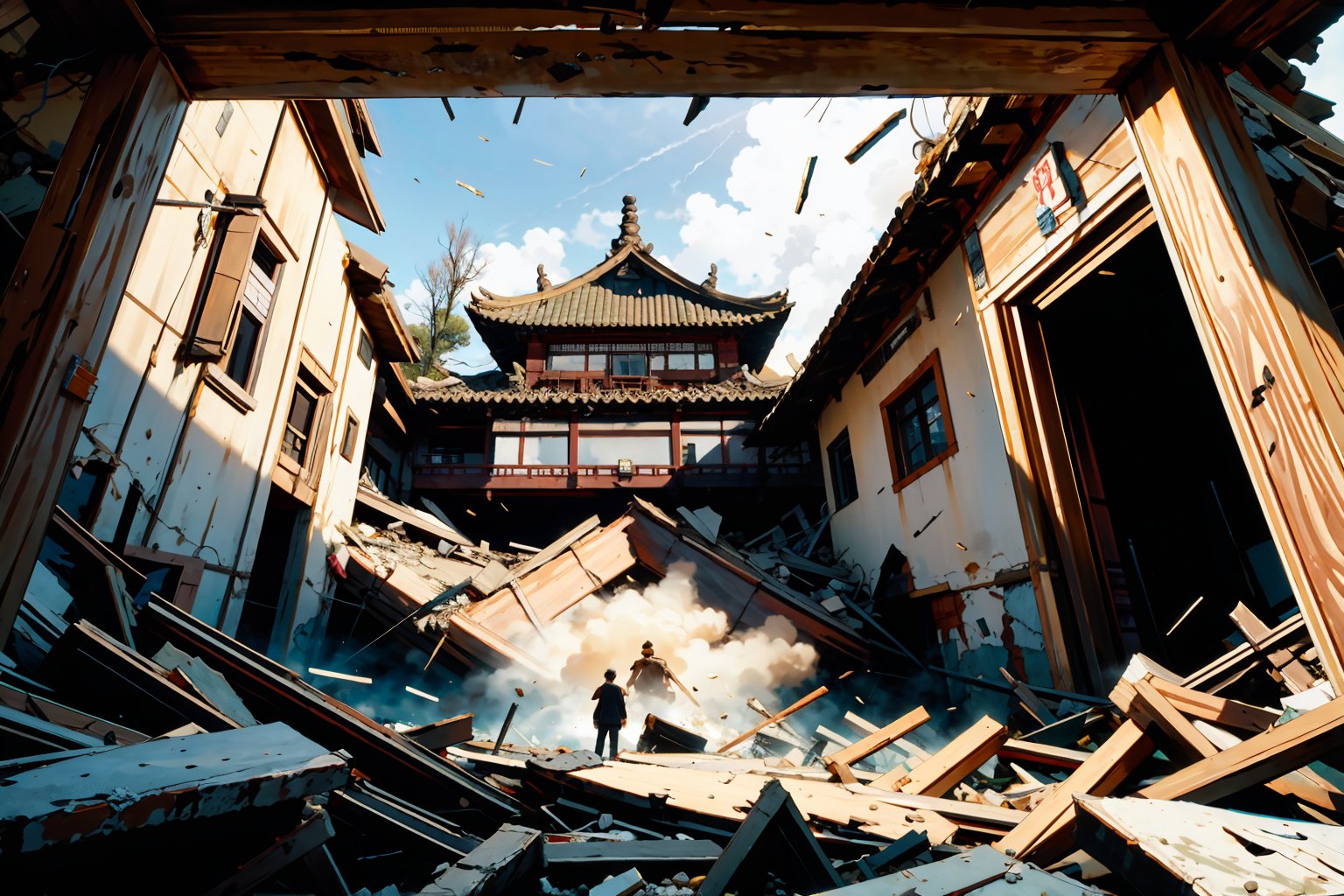 A dramatic scene unfolds: a grand, ornate ceiling adorned with intricate carvings and gilded accents suddenly crashes down in a chaotic mess. Ancient Chinese architecture's majesty is juxtaposed with the devastating power of gravity. A group of worried officials cower beneath the rubble, while outside, Beijing's ancient city walls loom large, framing the chaos within.