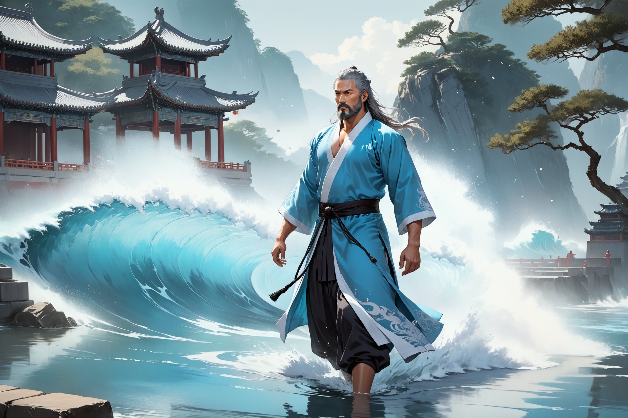 masterpiece, beautiful and aesthetic, ultra detail, intricate, Chinese martial arts animation style, divine, manly, legendary, 1male, solo, (40 years old:1.5), detailed character design, a look of determination, two beards, long grey hair, tall and thin, aqua Taoist robe, medium full shot, dynamic pose, walking on water, creating a picturesque view of a heavenly palace, wave, bathed in soft and ethereal light.