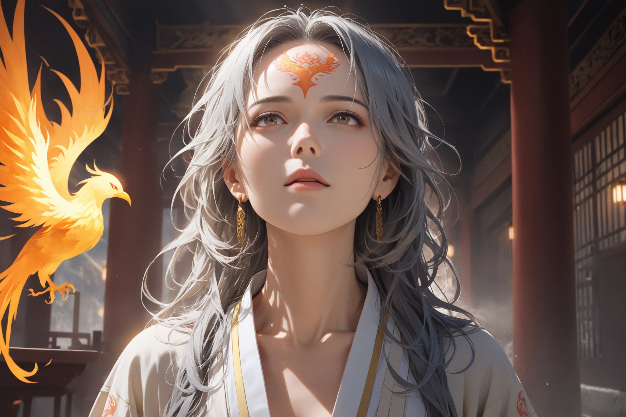 masterpiece, beautiful and aesthetic, ultra detail, intricate, 1female, solo, 50 years old, detailed character design, (sorrow expression), manly, (a phoenix tattoo on forehead:1.5), golden eyes, crescent earrings, (short and messy hair, gradient hair, multicolored hair), (short stature, golden feather wings), (Hanfu, feather), (looking up:1.5), weak pose, (spread hands:1.5), (a phoenix in the background), magic effect, dreamlike, indoors, in the ancient Chinese temple