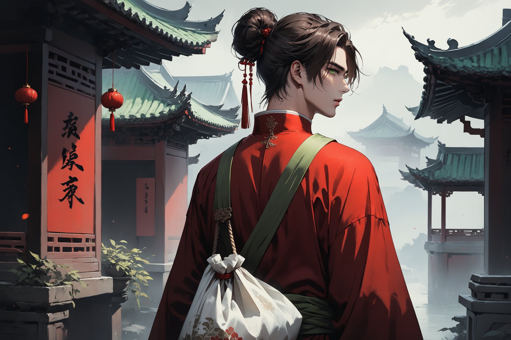 Dark Moody Atmosphere, {prompt}, dramatic, mysterious, dark moody atmosphere, masterpiece, beautiful and aesthetic, ultra detail, intricate, 1male, solo, 23 years old, detailed character design, delicate face, light green eyes, brown long hair, a bun, red hanfu, (back view:1.5), dynamic pose, (carry a cloth bag on back:1.5), in the ancient China field