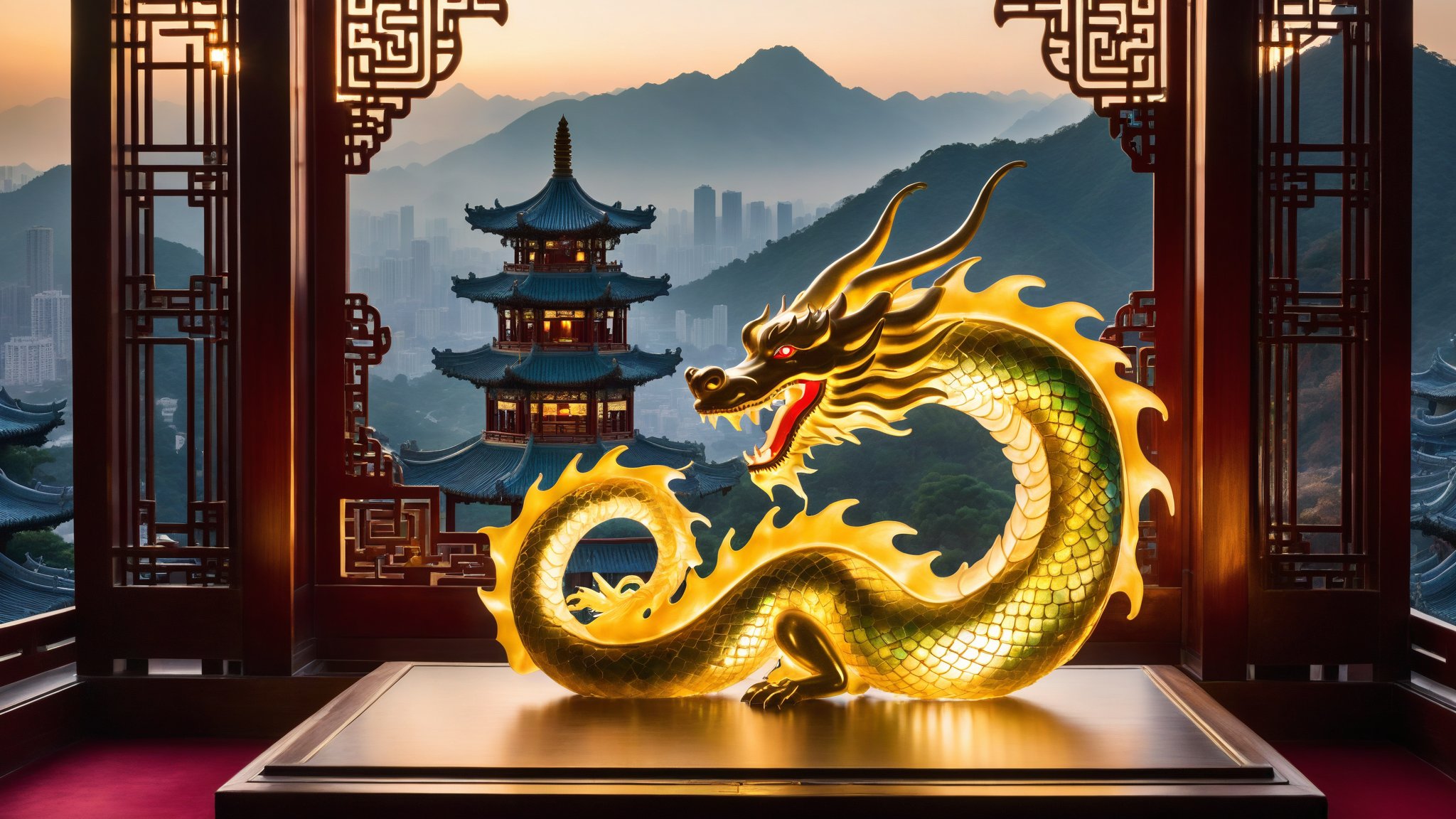 A majestic Golden Jade Dragon rises from a velvet-lined jewel case, its scales glinting under soft, golden lighting that casts a warm glow on the surrounding ornate frame. Blurred in the background, the cityscape of ancient China's misty mountains and pagoda-topped rooftops adds depth to the mystical atmosphere. The dragon's pose is one of regal grandeur, with its body slightly raised as if preparing to take flight.