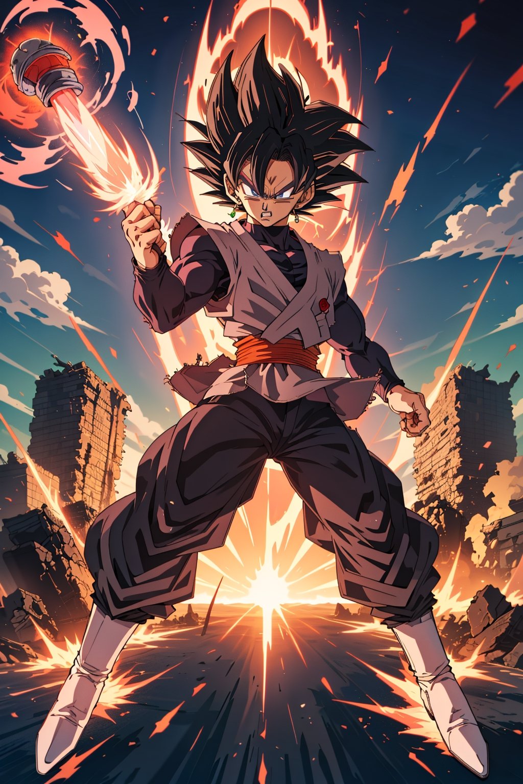 masterpiece, perfect, beutifull, ultra detalled, ultra perfect, full body,(Black Goku ssj rose, dragon ball) eyes greys, hair rose, perfect body,red belt, shirt black, pants black, angry face, ROSEV2,Muscle,Male focus,doomerboy, (goku balck)

<landscape, destroyed buildings, fire>