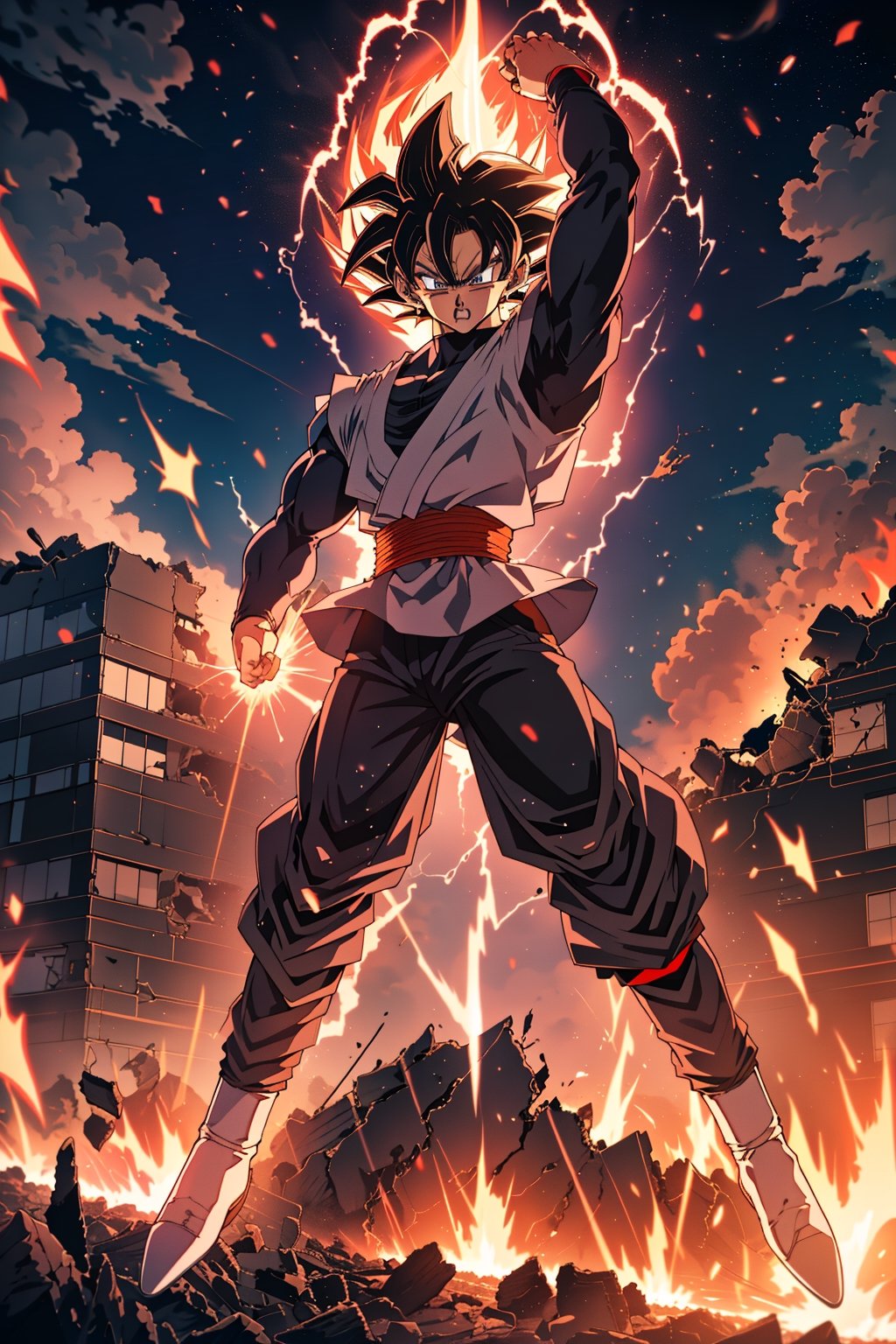 masterpiece, perfect, beutifull, ultra detalled, ultra perfect, full body,(Black Goku ssj rose, dragon ball) eyes greys, hair rose, perfect body,red belt, shirt black, pants black, angry face, ROSEV2,Muscle,Male focus,doomerboy, (goku balck)

<landscape, destroyed buildings, fire>