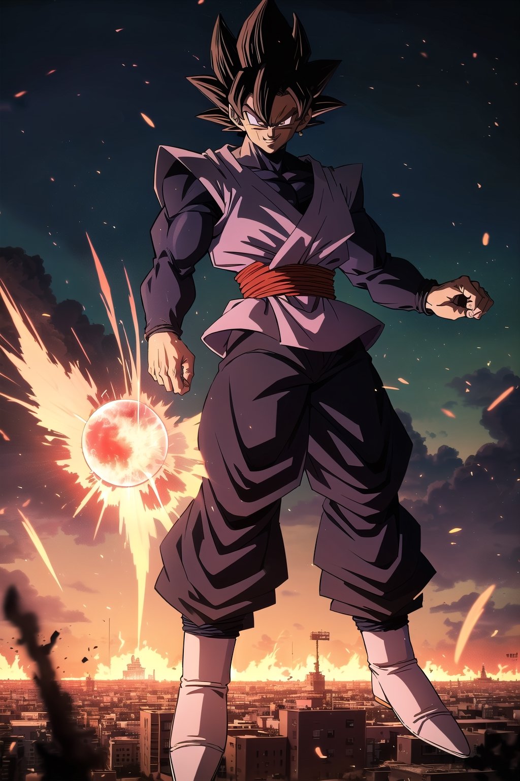 masterpiece, perfect, beutifull, full body,(Black Goku ssj rose, dragon ball) eyes greys, hair rose, perfect body,red belt, shirt black, pants black, angry face, smile ROSEV2,Muscle,Male focus,doomerboy, (goku balck)

<landscape, destroyed buildings, fire>