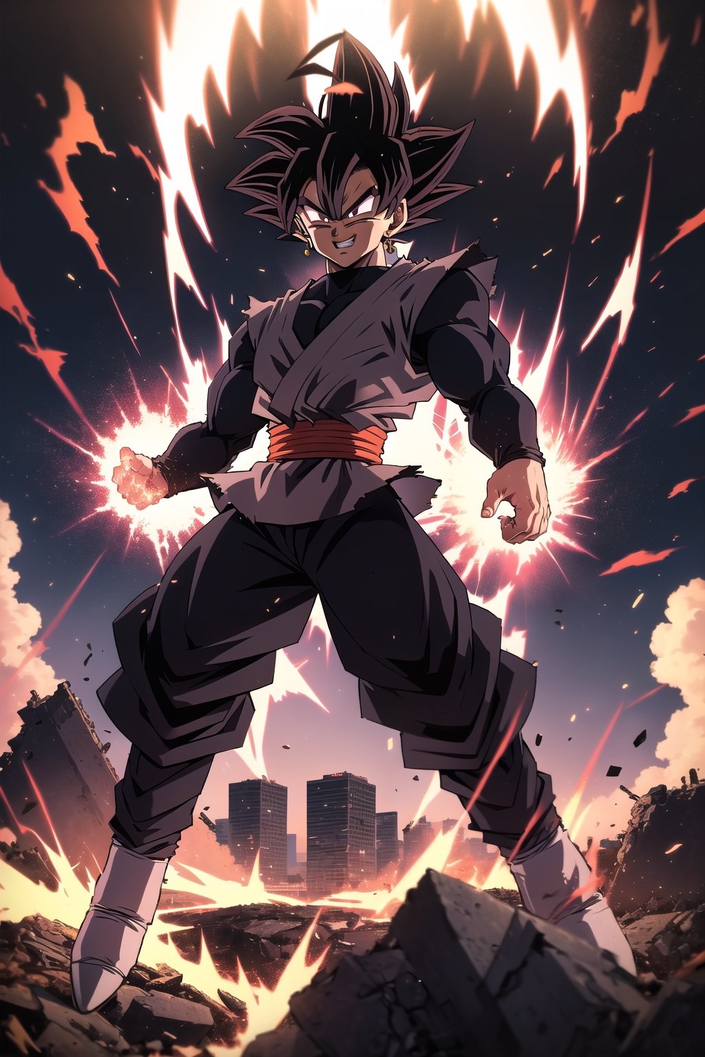 masterpiece, perfect, beutifull, full body,(Black Goku, dragon ball) eyes blacks, hair black, perfect body,red belt, shirt black, pants black, angry face, smile ROSEV2,Muscle,Male focus,doomerboy, (goku balck)

<landscape, destroyed buildings, fire>