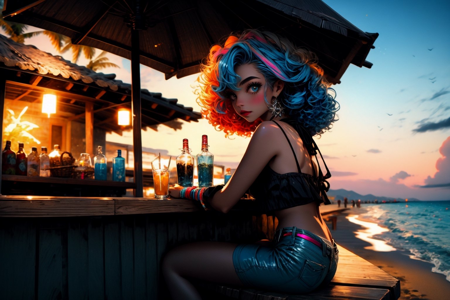 High quality, masterpiece, shiny curly ligth blue hair, beach shorts, 1 girl, bikini, sitting in a tiki bar near the shores of the sea