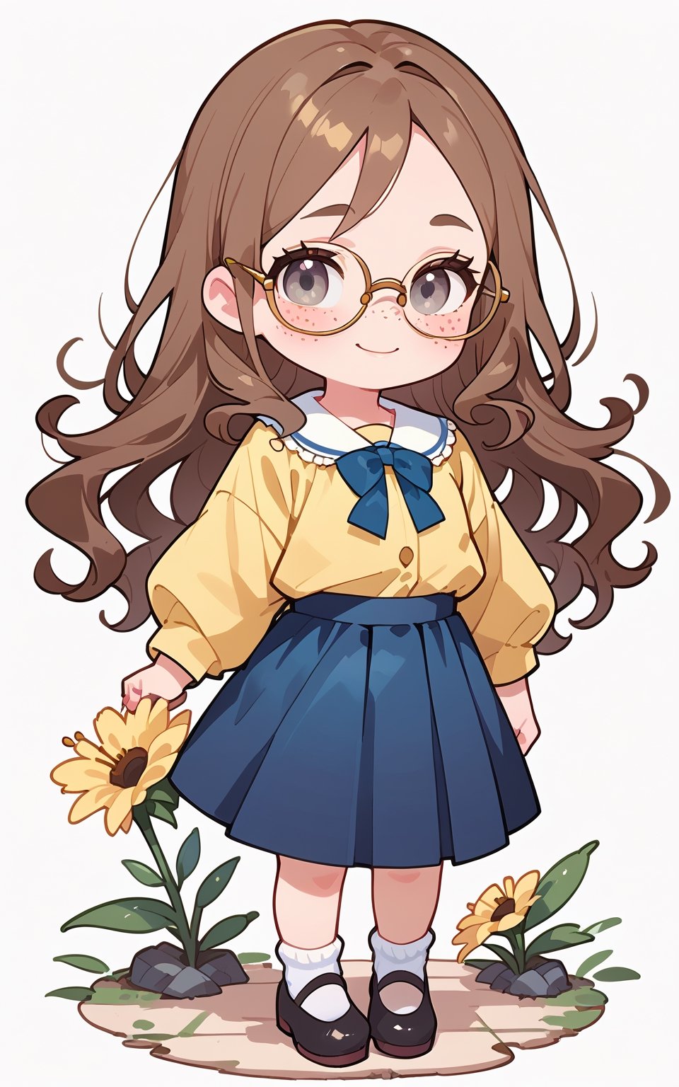 score_9,score_8_up,score_7_up, chibi, chibi style, 1girl,long hair,looking at viewer,blush,skirt,simple background,brown hair,shirt,long sleeves,white background,closed mouth,standing,full body,flower,shoes,socks,bag,black footwear,blue skirt,grey eyes,floral print,white socks,mary janes,freckles,yellow shirt,yellow flower,(A small chest:1.3),(Masterpiece, Best quality:1.4), (Beautiful, Aesthetic, Perfect, Delicate, Intricate:1.2),((Best quality)), ((Masterpiece)), (Detailed),(A high resolution:1.2), Classroom, An adult female, Smiling Claudia Chever, Red shirt, White skirt, Glasses, Bend over, angle of view,