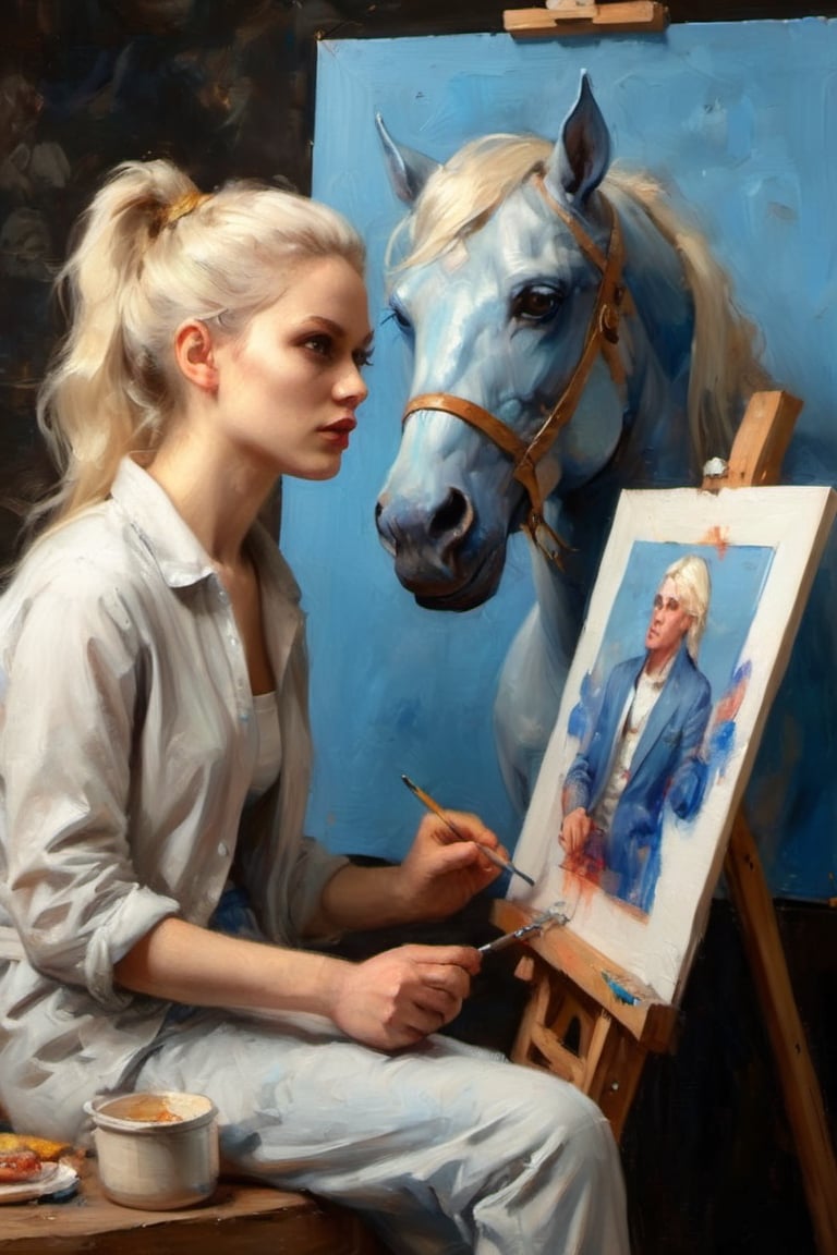 minimalist closeup portrait of an artist at work painting on her canvas easel of (blue horse) ,
magical worlds ,
glowing magical energies ,
double exposure ,
bright background ,
high key lighting,
The statue of Liberty in background,
,
oil painting,A handsome tall statuesque masculine man platinum blonde with long white hair and blue eyes, dressed in a tracksuit, is sitting on the floor next to an incredibly beautiful young femme fatale, she has blue eyes, long golden hair gathered in a bun, long bangs, they are eating pizza, having fun. Masterpiece, 8k. full-length image, realistic image, detailed image. an extremely detailed illustration, a real masterpiece, of the highest quality, with careful drawing. shading with shadows. beautiful pose, full-length detailed image, 8k, realistic image, dynamic image, detailed image. an extremely detailed illustration, a real masterpiece, of the highest quality, with careful drawing.
