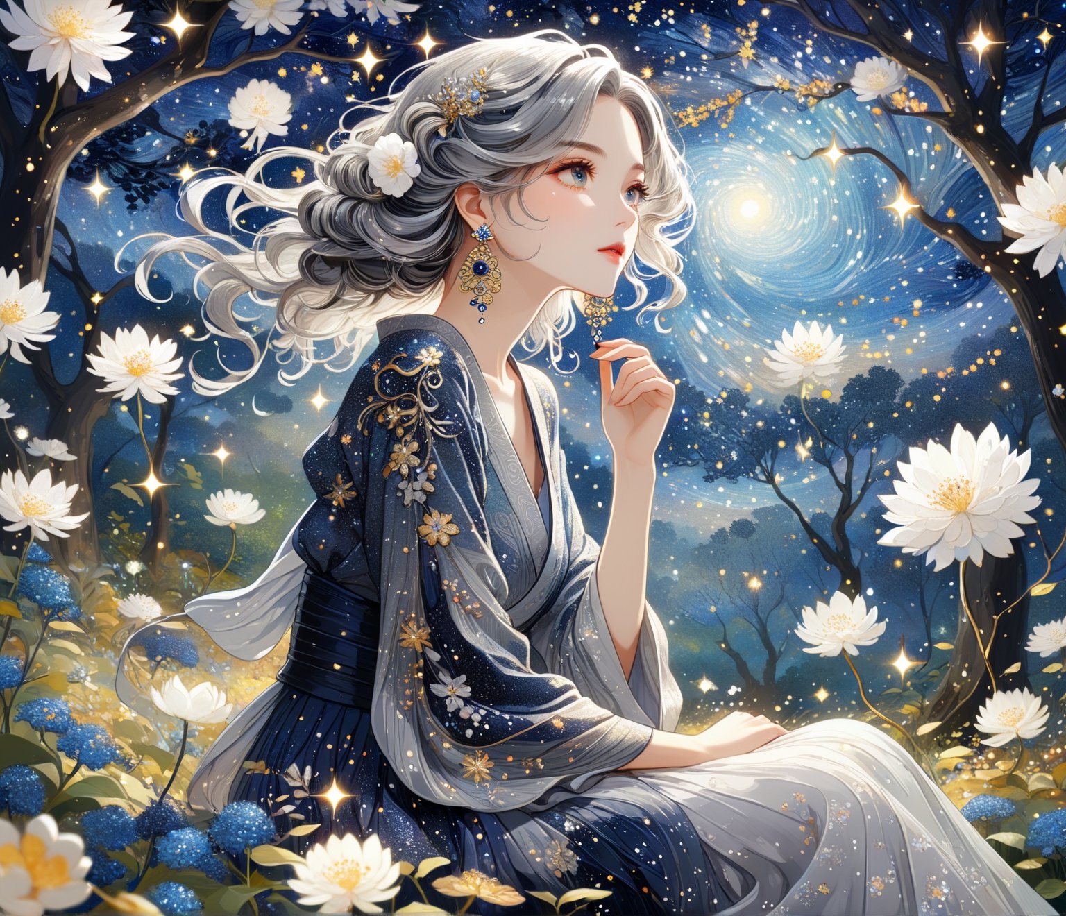 Masterpiece, 4K, ultra detailed, ((solo)), anime impressionism art style, elegant mature woman with beautiful detailed eyes and glamorous makeup, long flowy gray hair, finely detailed earrings, sitting in a flowering forest, swirling starry night, more detail XL, SFW, depth of field,ukiyoe,glitter